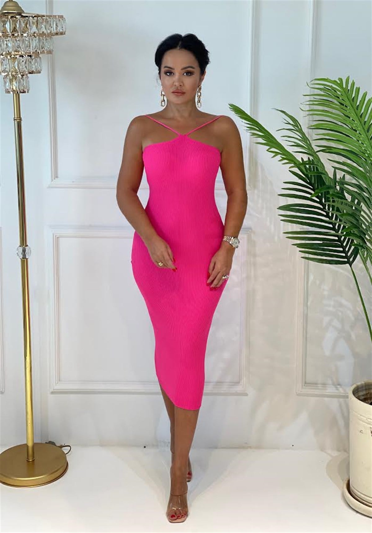 3644 ip askılı pembe  triko elbiseBejshsjsjs