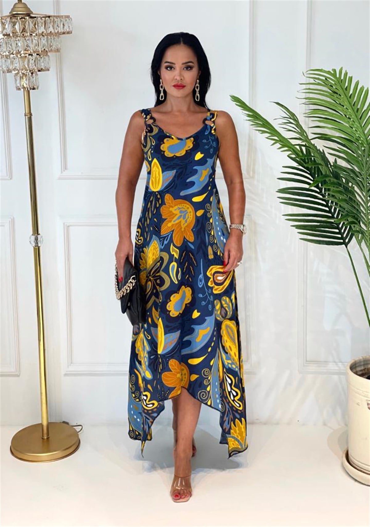 3674 lacivert sarı halka detaylı elbiseLdlxmcm