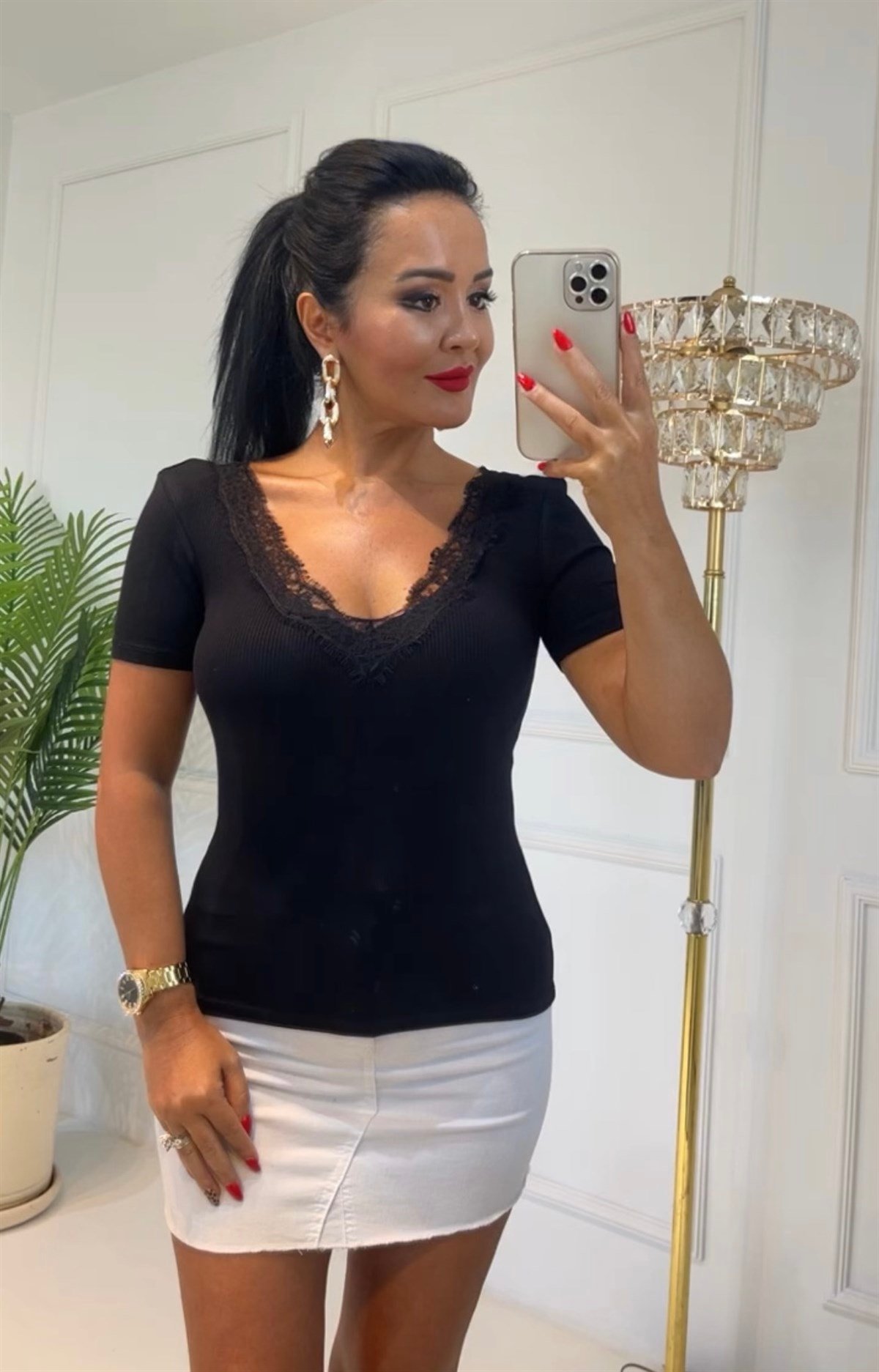 3688 V YAKA SIYAH DANTEL BLUZdef45ty54y5