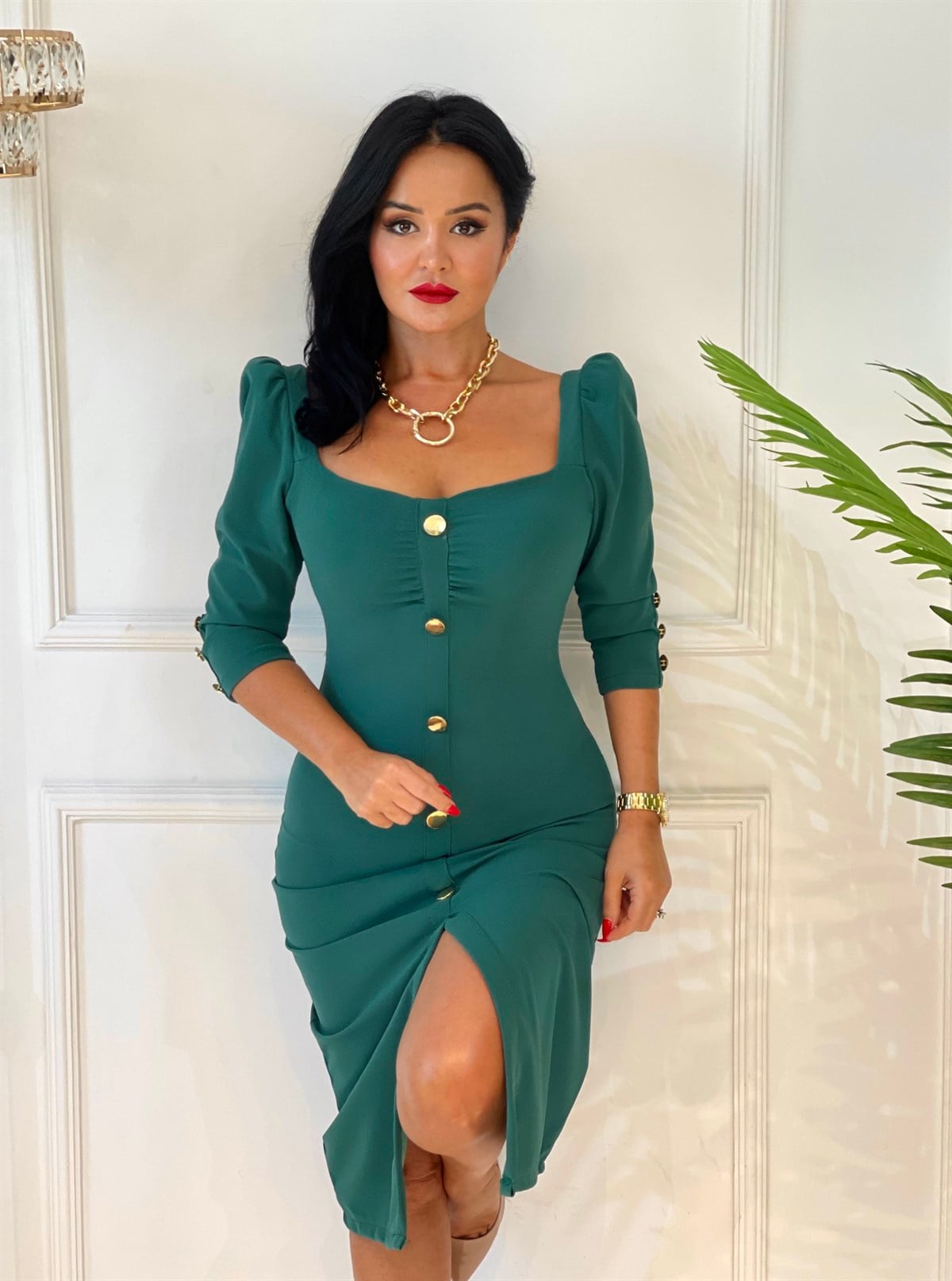 3705 ÖNÜ DÜĞMELİ YEŞİL ELBİSEJHGSDHGSD6778YSU