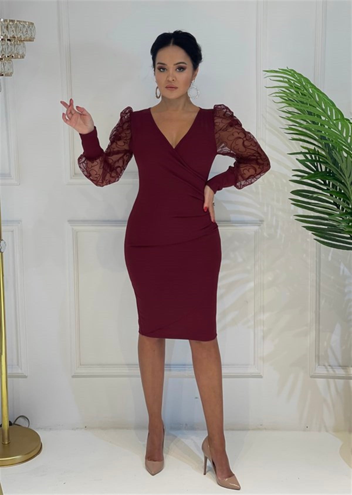 3753  Bordo  Kolları Tül  Elbise