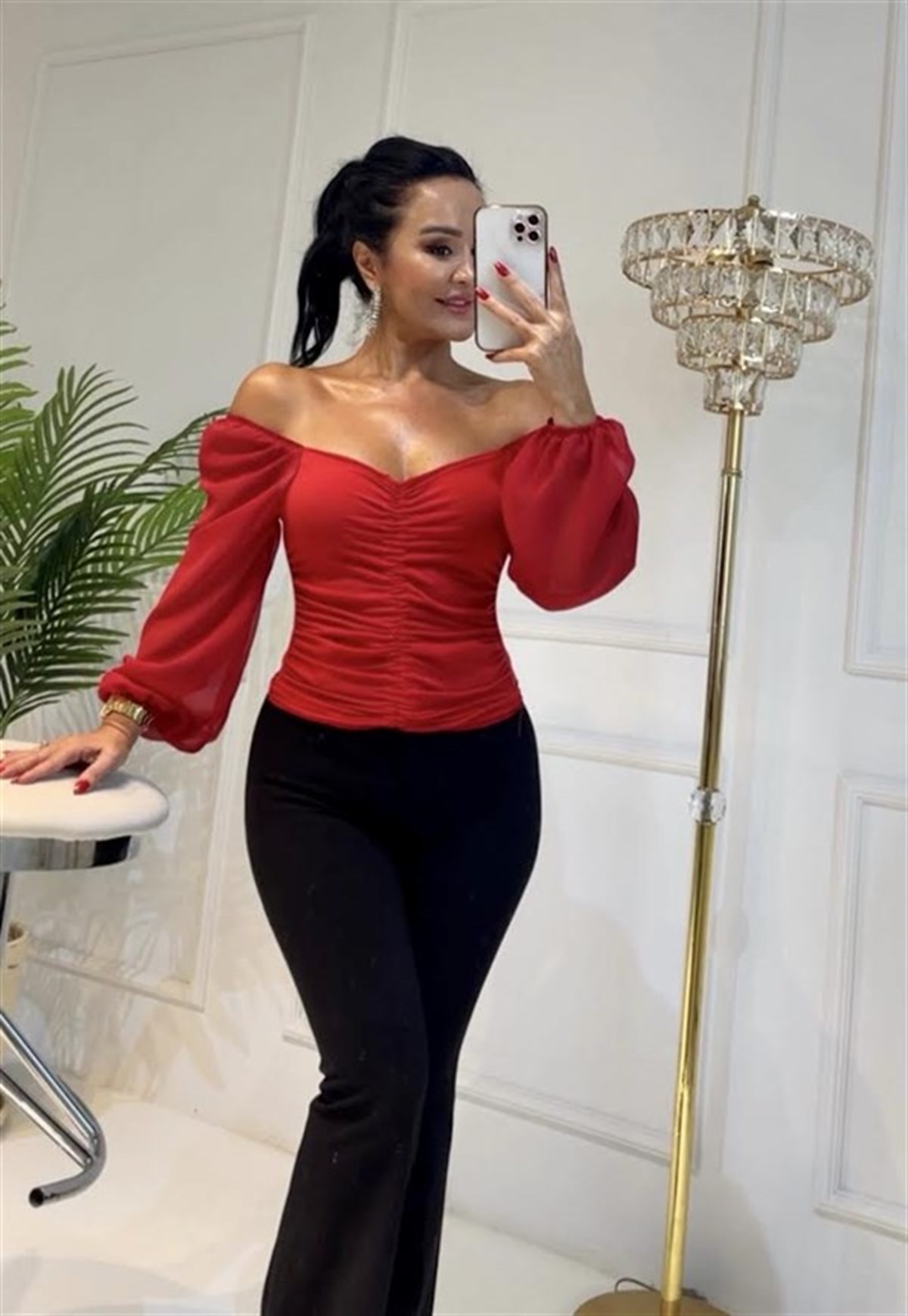3765 Kırmızı  Kolu Şifon Sandy Bluz