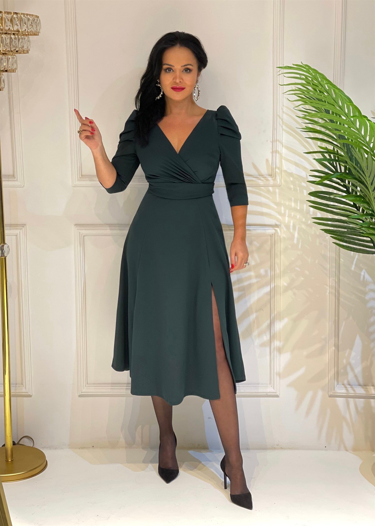 3808 YEŞİL KRUVAZE YAKA  YIRTMAÇLI ELBİSE SŞDFGF