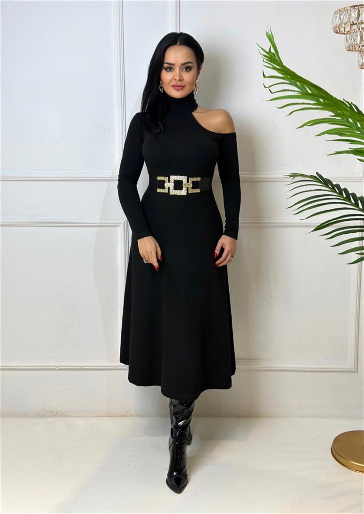 3918 Balıkçı tek omuz siyah elbisehyshsywsyw