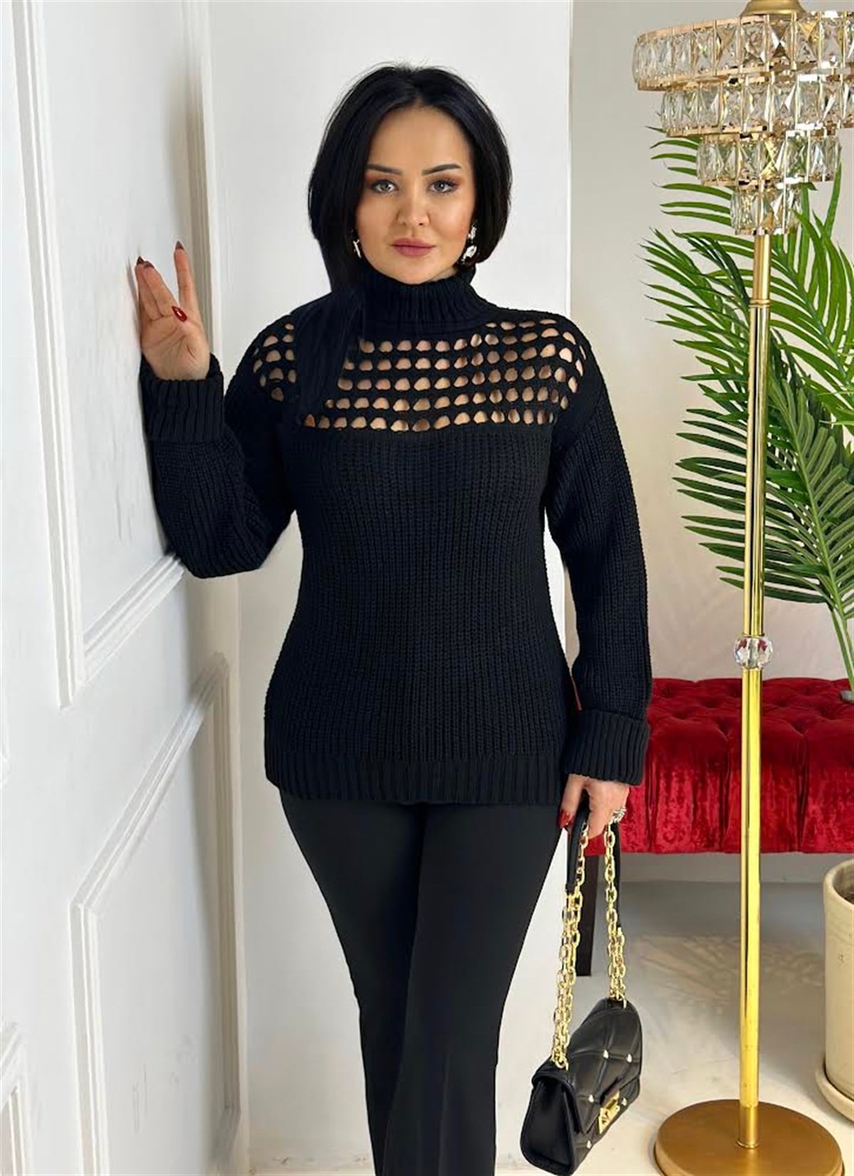 3947 Balıkçı yaka dekolteli siyah kazakssdfgv