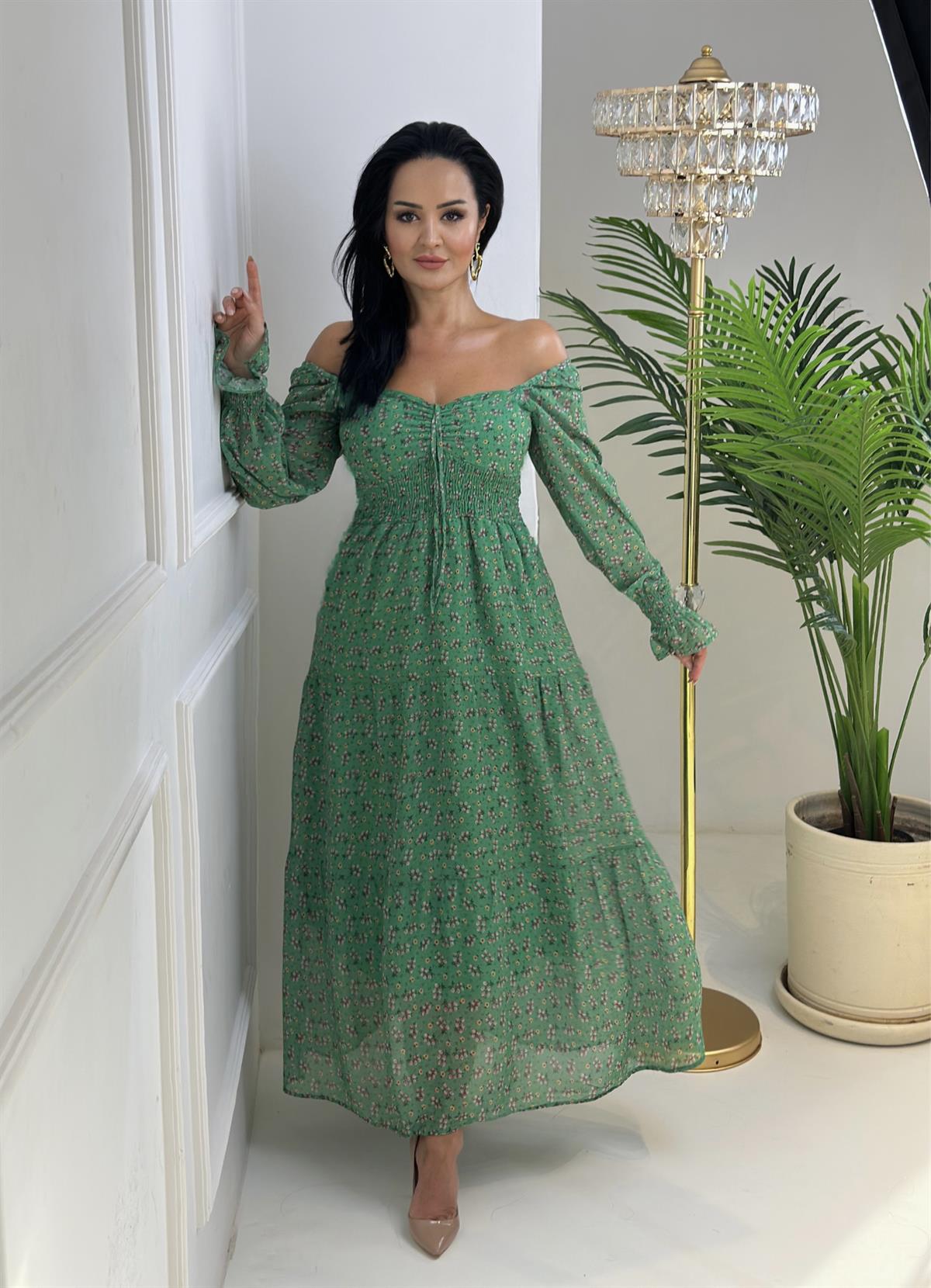 3997 Çiçekli yeşil elbisefgdgfdhhfd