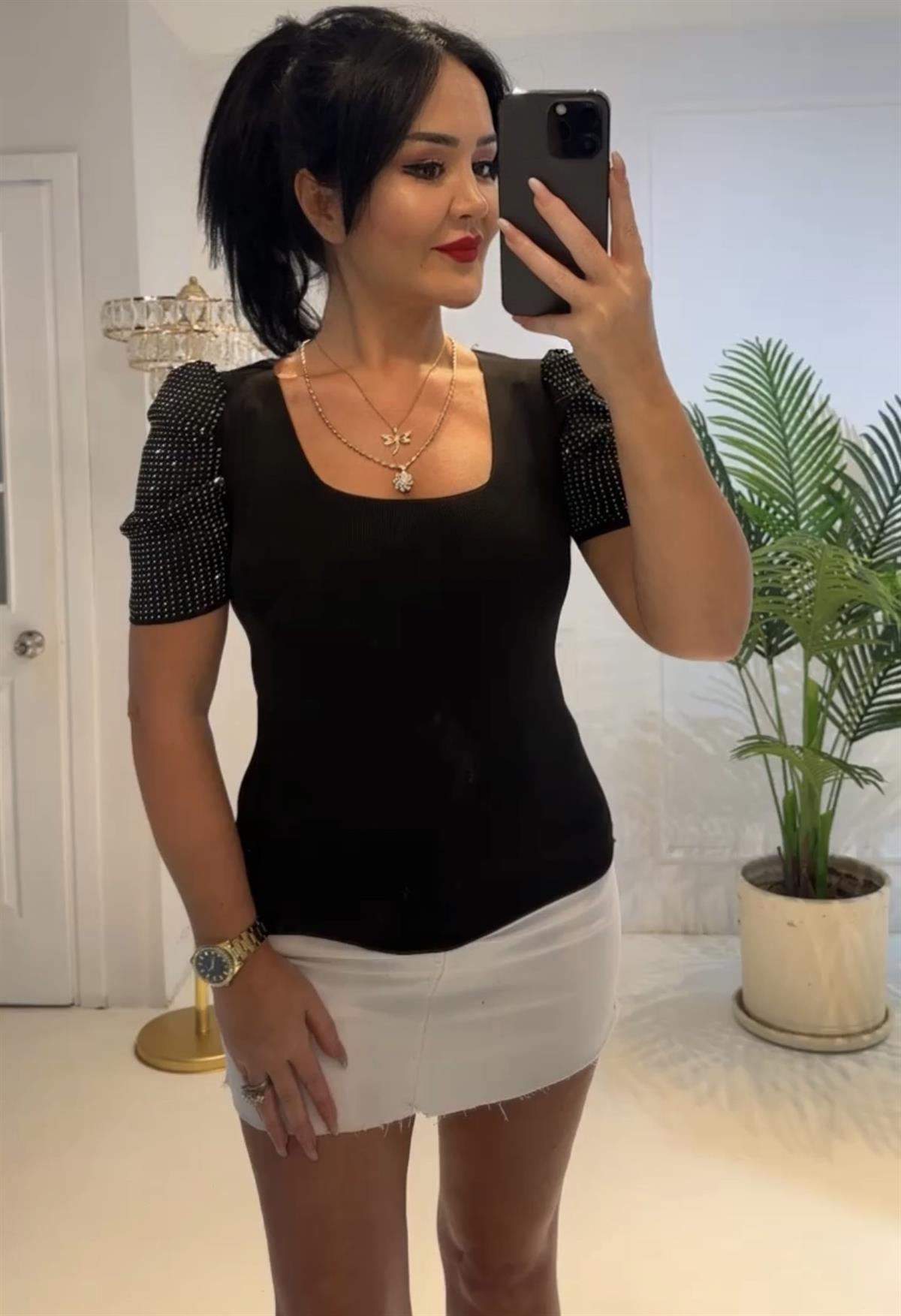 4072  U Yaka Taşlı Siyah  Bluz