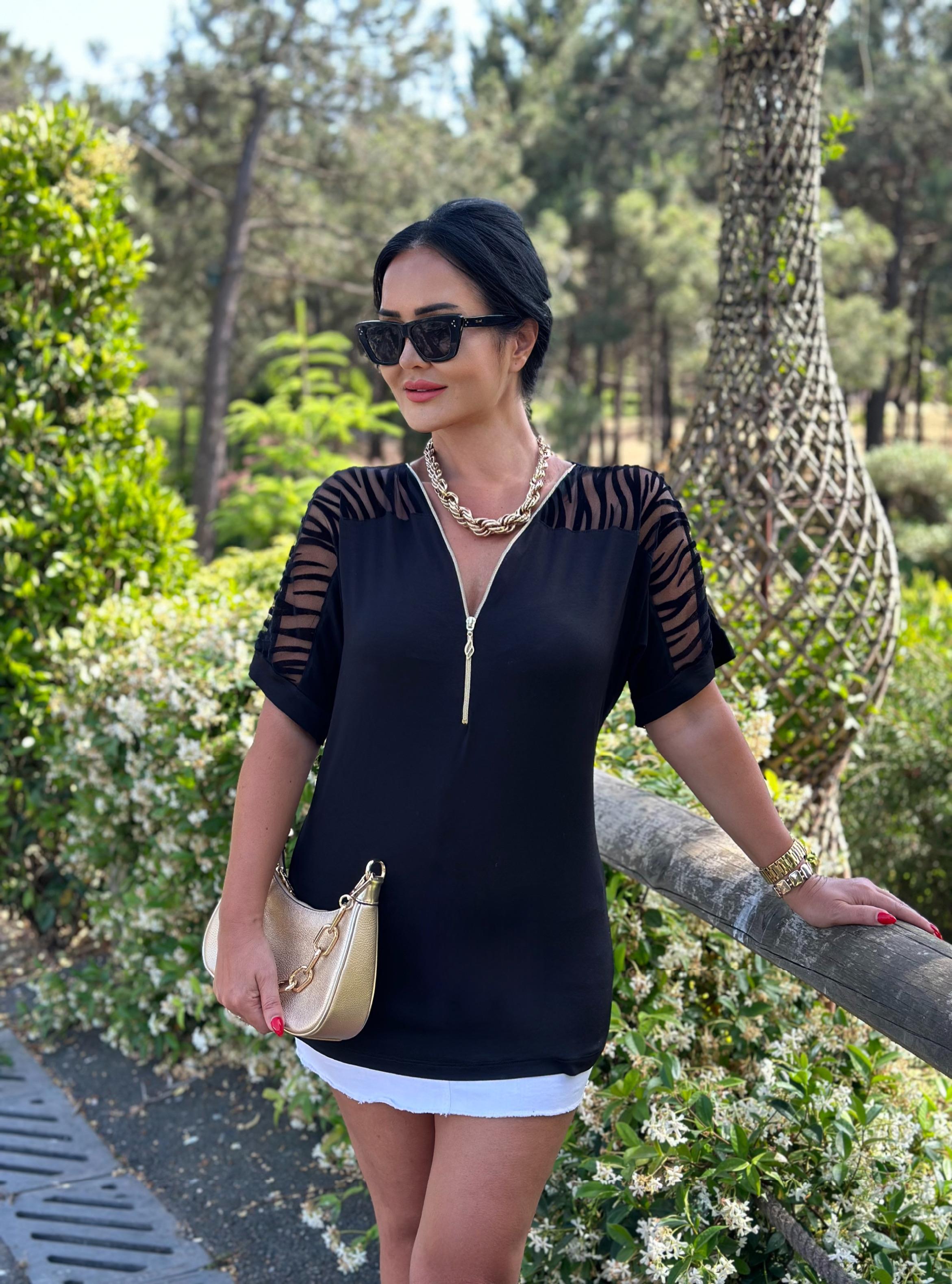 4075   Transparan   Fermuarlı Siyah  Bluz