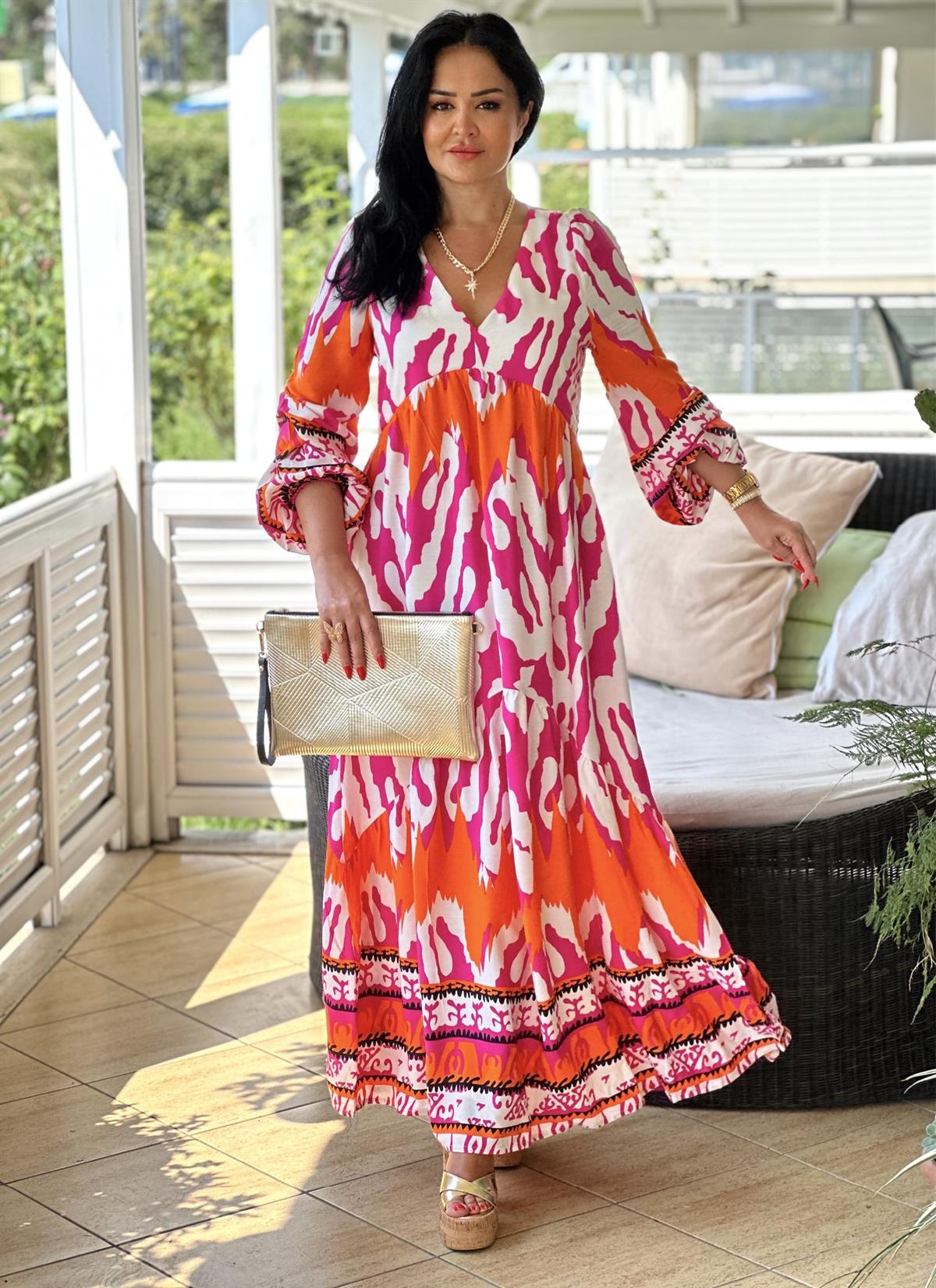 4083  Pembe turuncu desenli  elbisehyshsywsyw