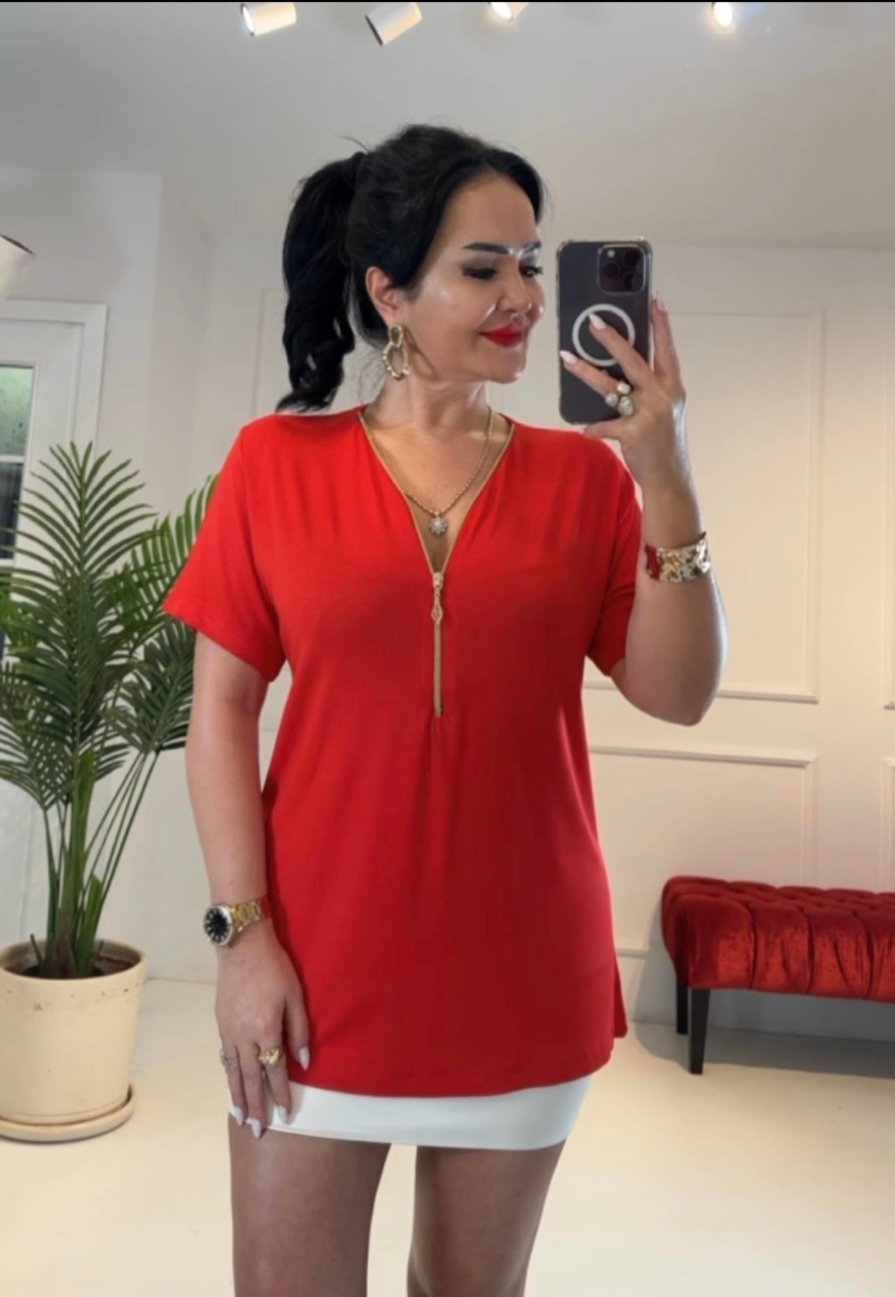 4095   Fermuarlı   Kırmızı Bluz