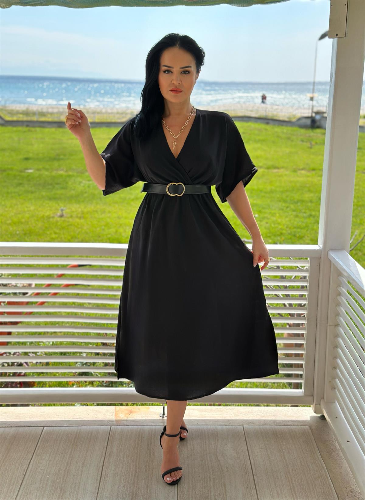 4099 Kruvaze yaka siyah   elbise  jrtjhgfjy