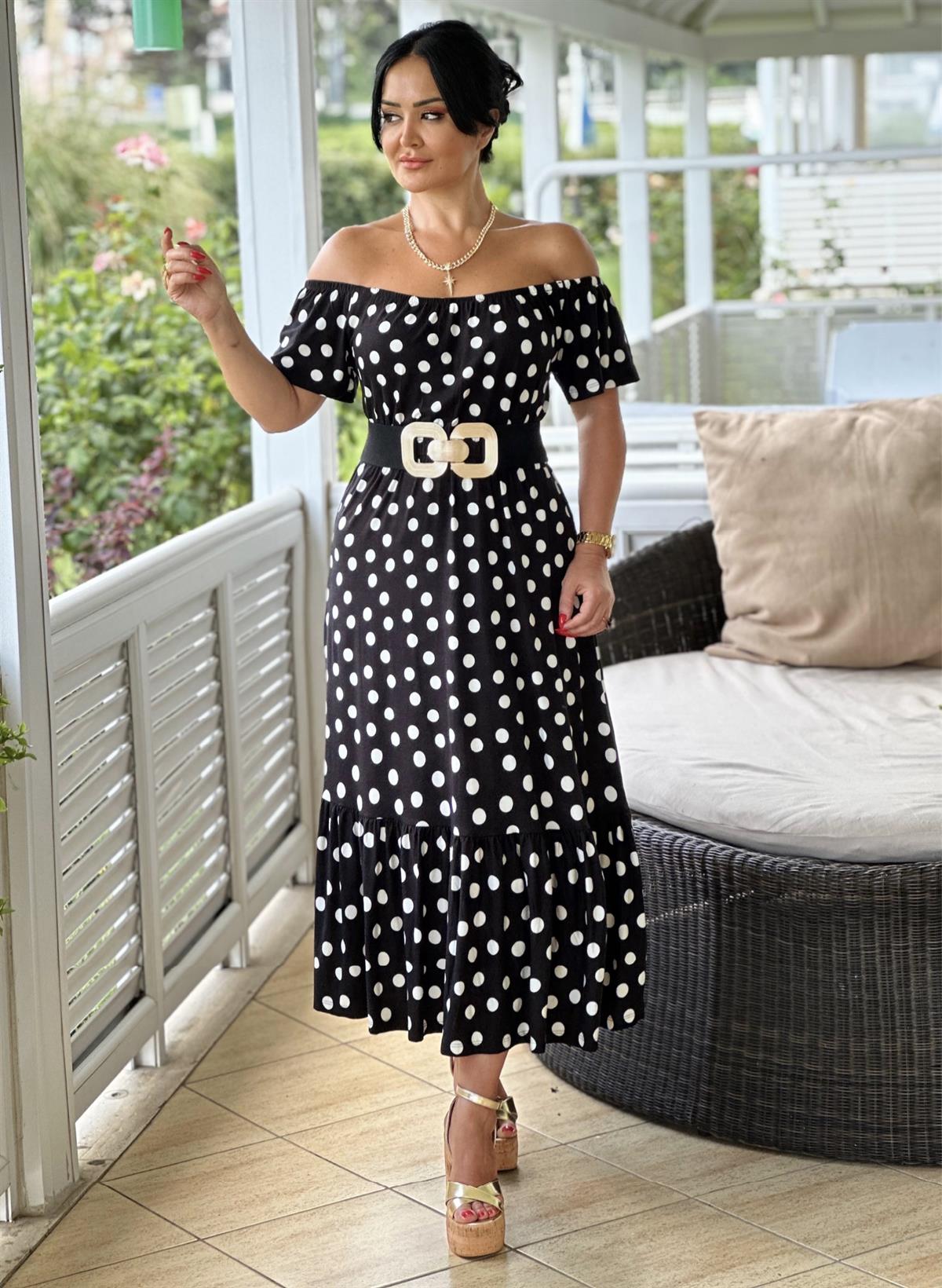 4136 Omuz dekolteli  puantiyeli  pamuk viskon elbise JRHURFT7RFTGFUY