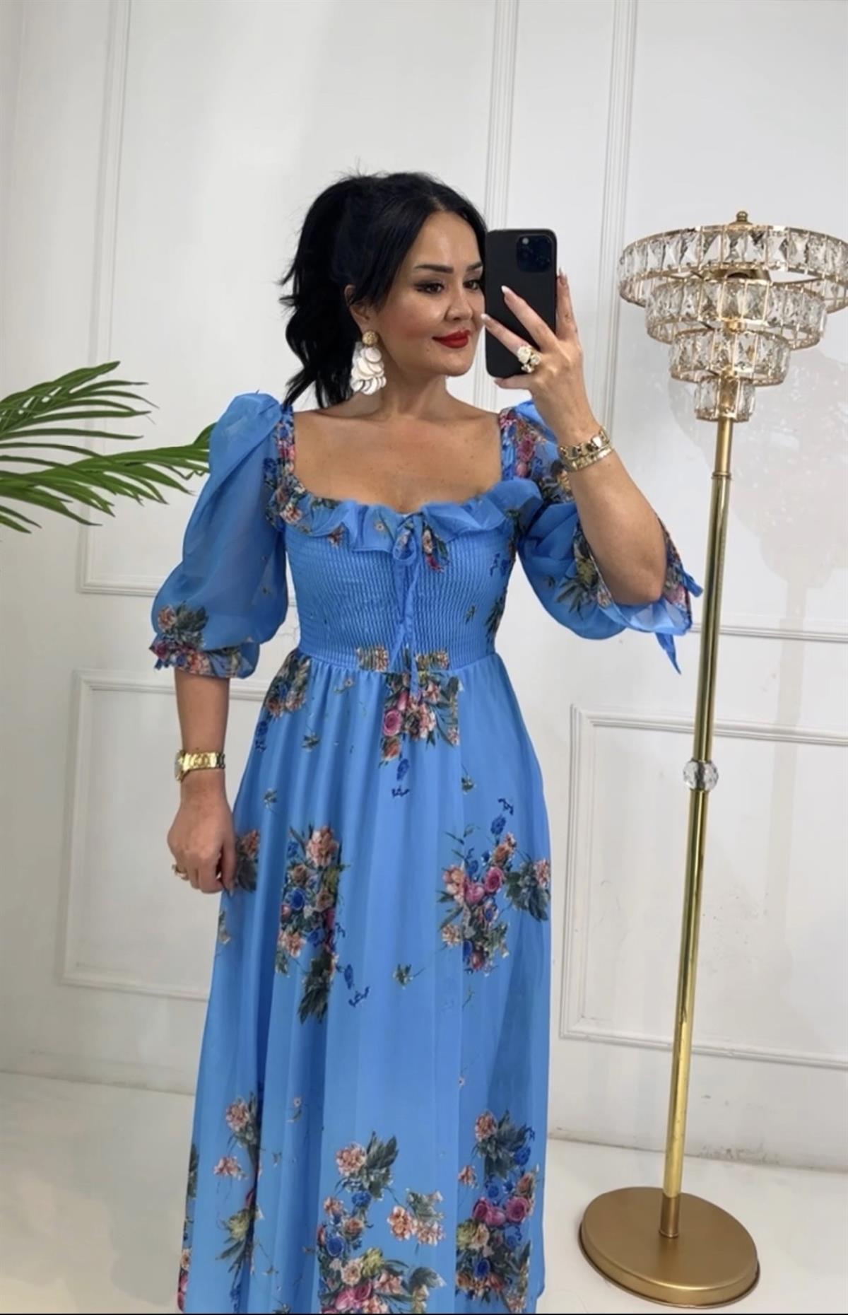 4149 Çiçek desenli mavi şifon elbise  elbise FDSFFSD