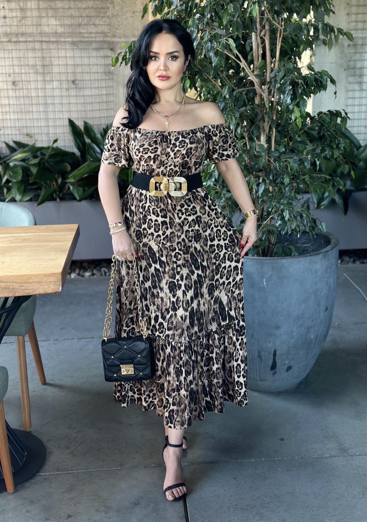 4487   Omuz Dekolteli   Leopar Pamuk Viskon Elbise