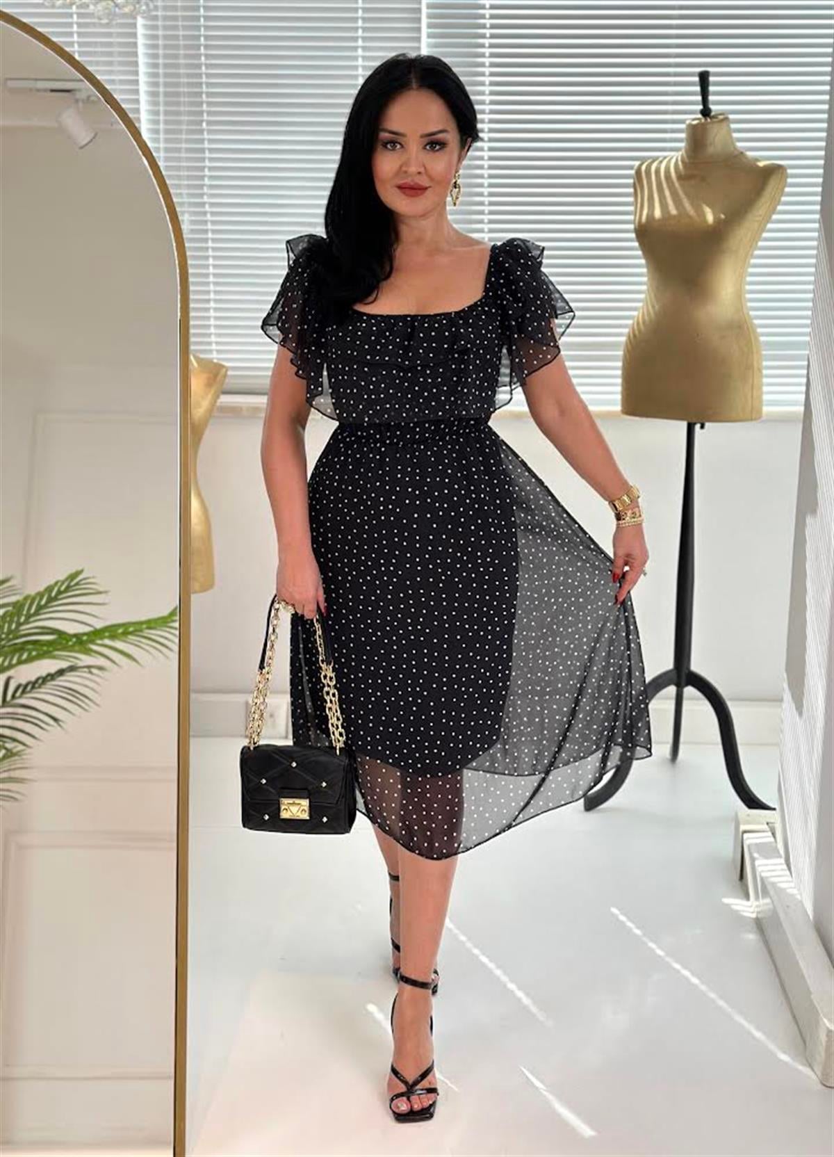 4204  Madonna yaka puantiyeli  siyah elbiseFDSFFSD