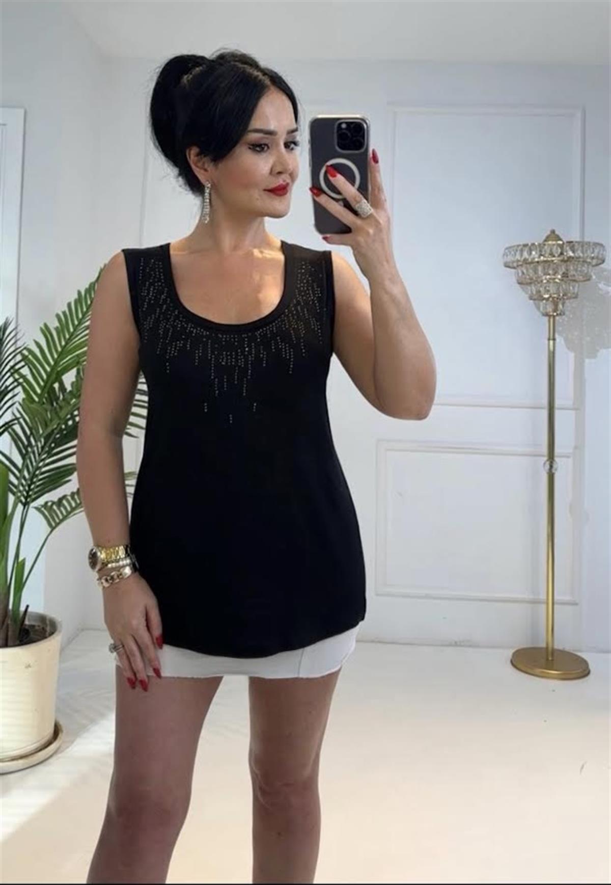 4209 Kalın askılı taşlı siyah  bluzTFUF