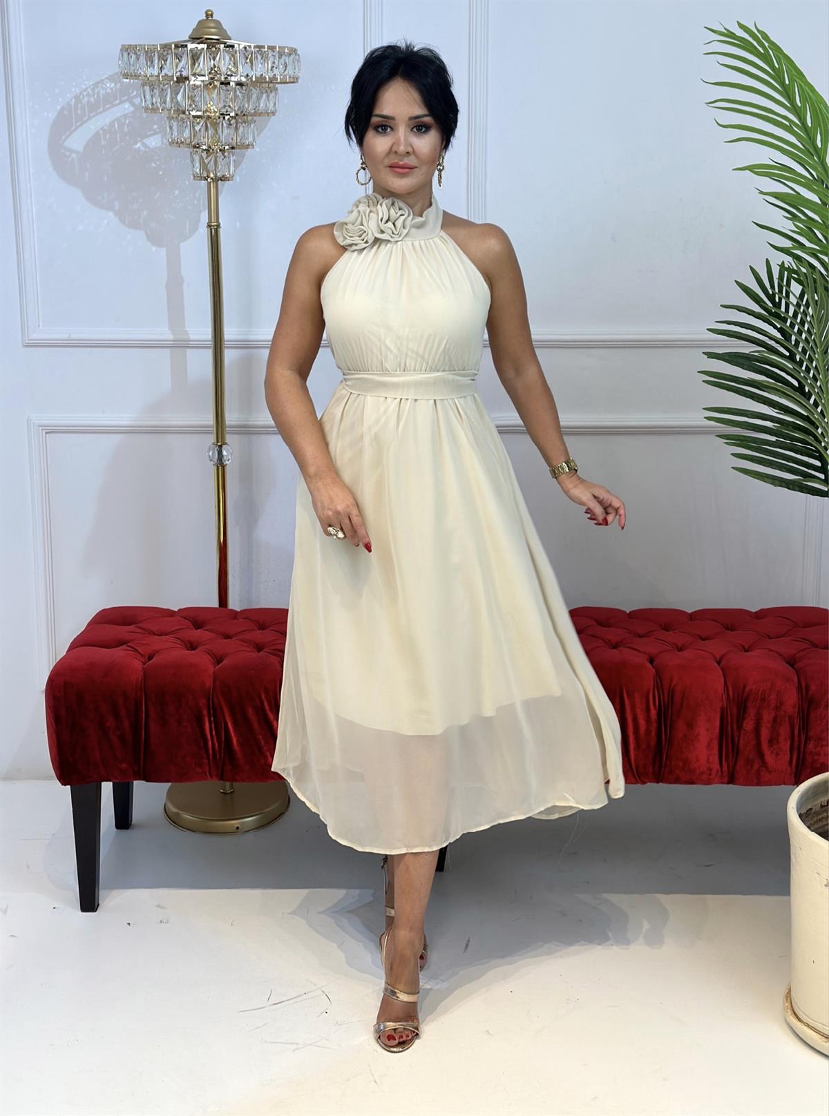 4259  Çiçek detaylı krem  şifon elbise FDSFFSD