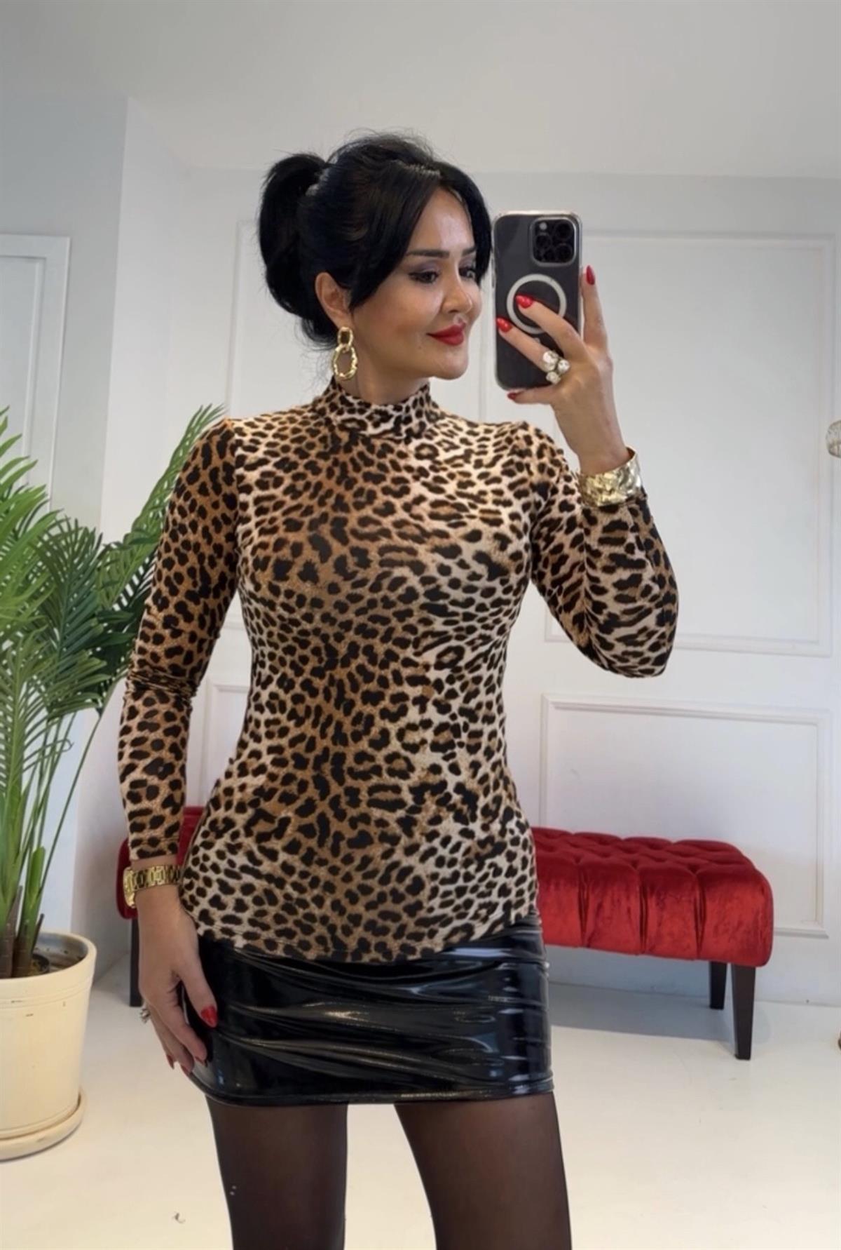4309  Küçük leopar şekilli balıkçı yaka bluzhyshsywsyw