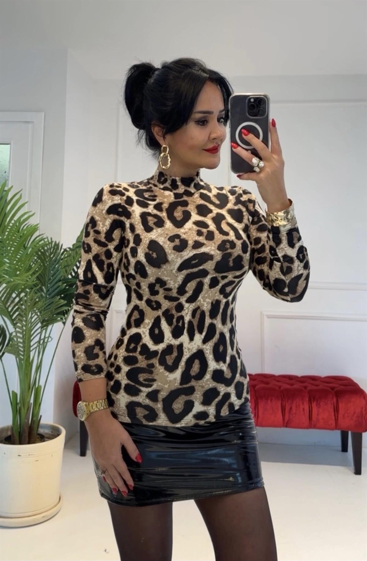 4309 Leopar şekilli balıkçı yaka bluzhyshsywsyw