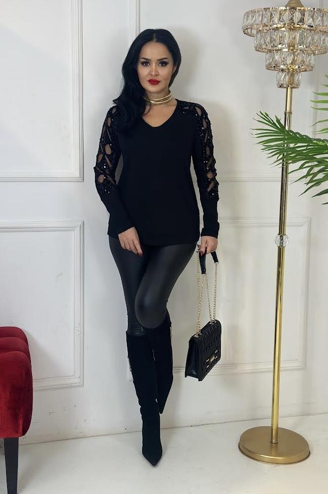 4373 Kolu payet detaylı siyah tunikhyshsywsyw