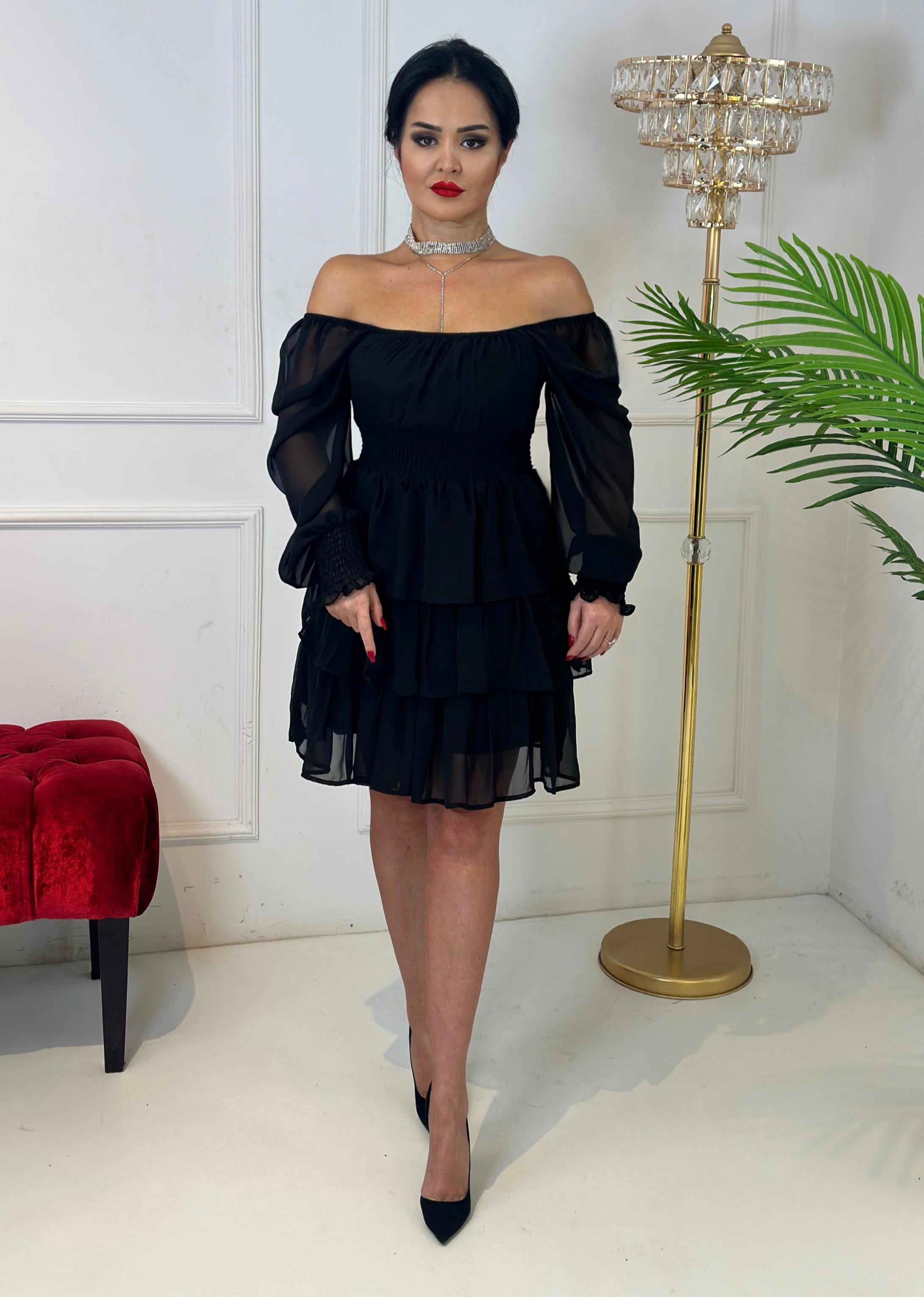 4375 Madonna yaka eteği volanlı siyah elbiseFDSFFSD