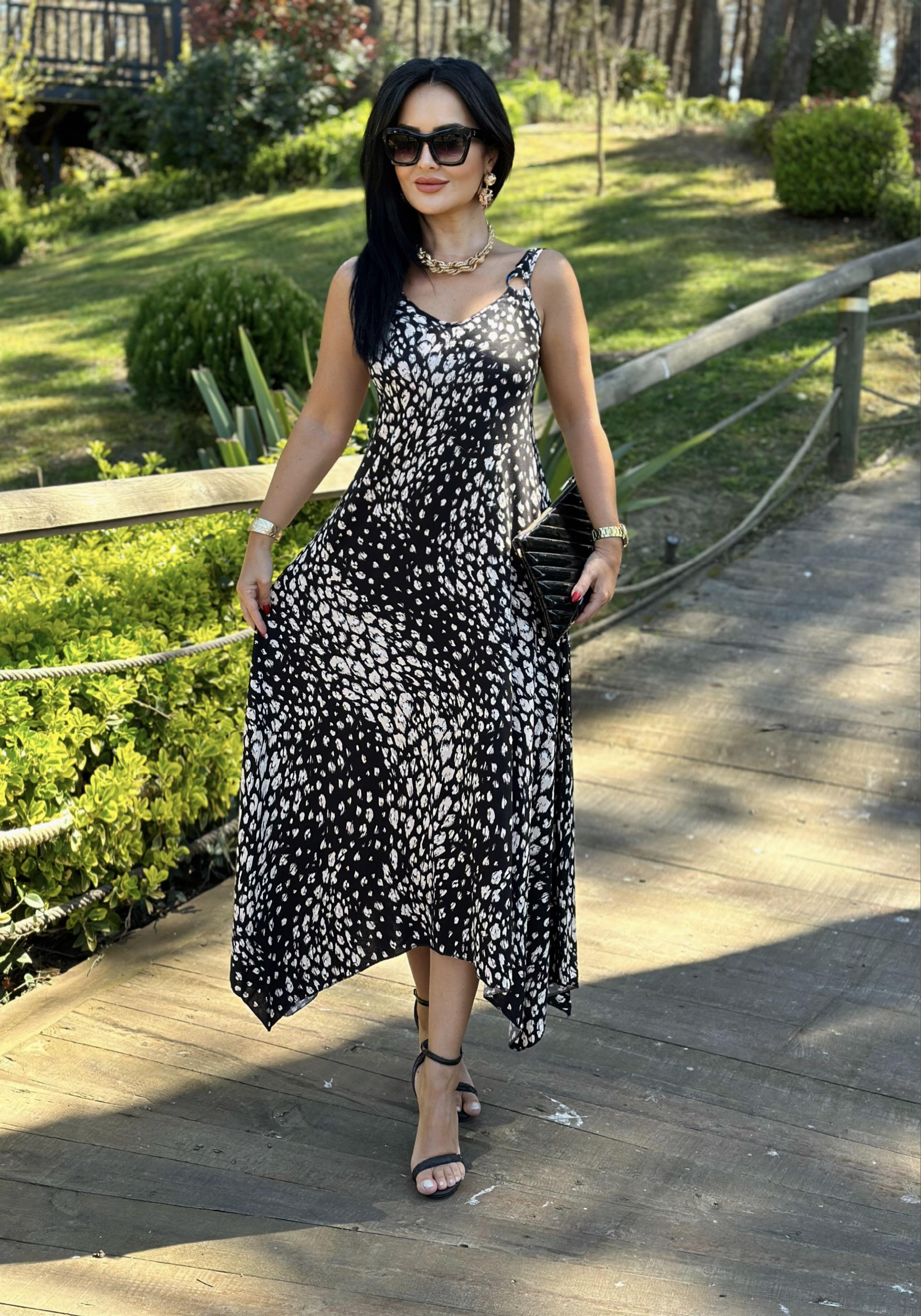 4450  Benekli desenli halka detaylı asimetrik elbise4450