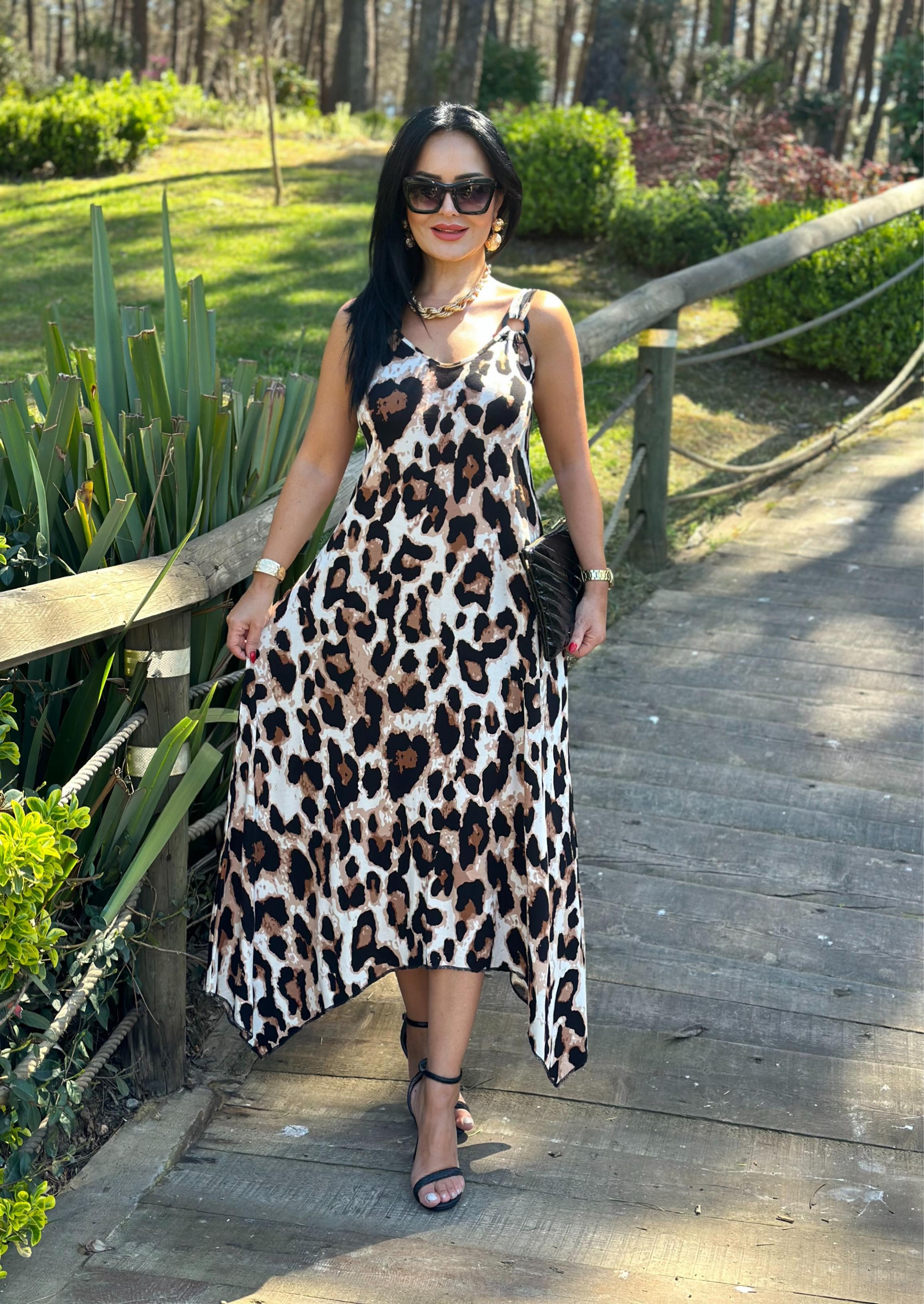 4450 Leopar  desenli halka detaylı asimetrik elbise 4450