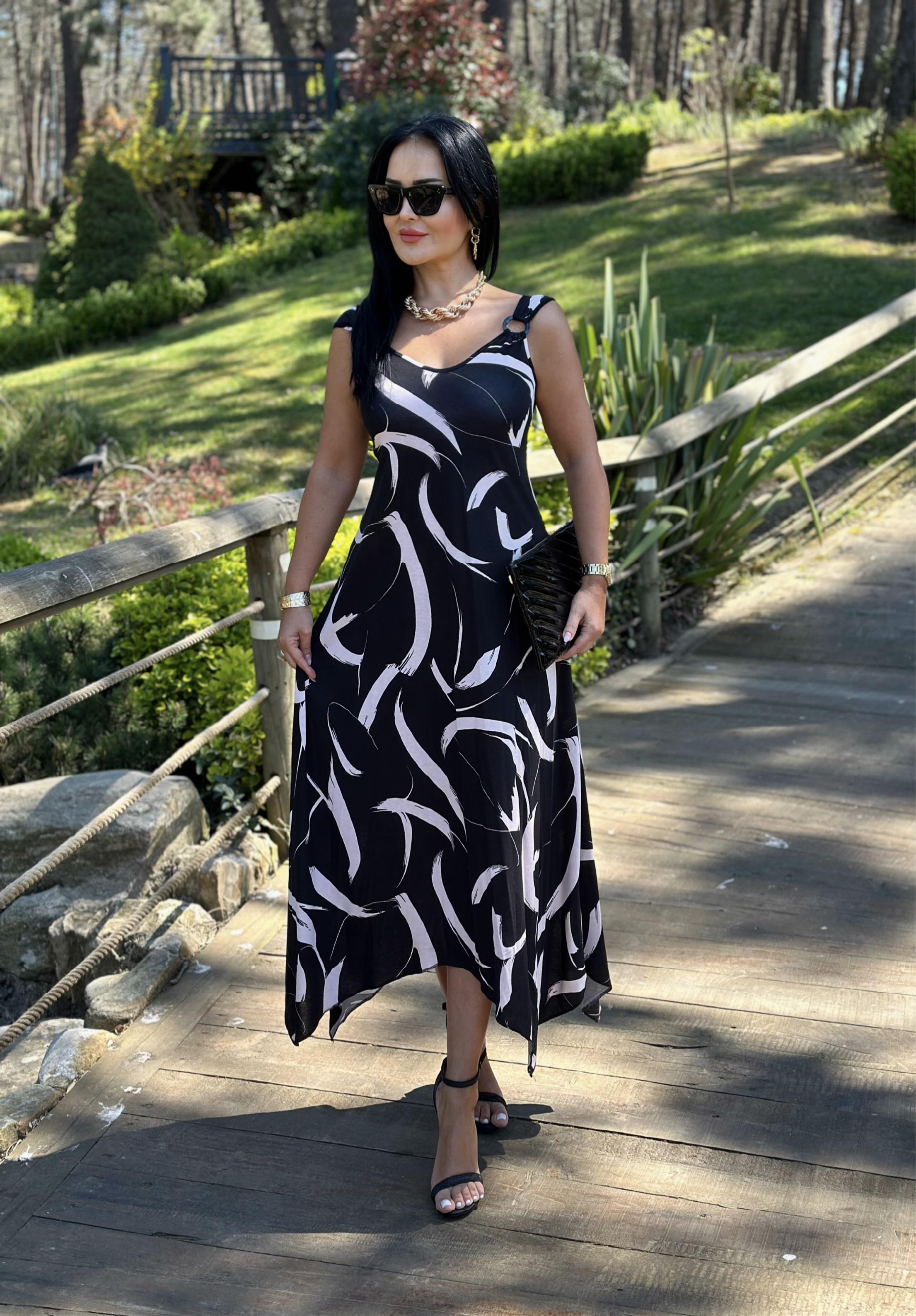 4450    Yazlık  rahat kalıp beyaz dalga detaylı elbise4450