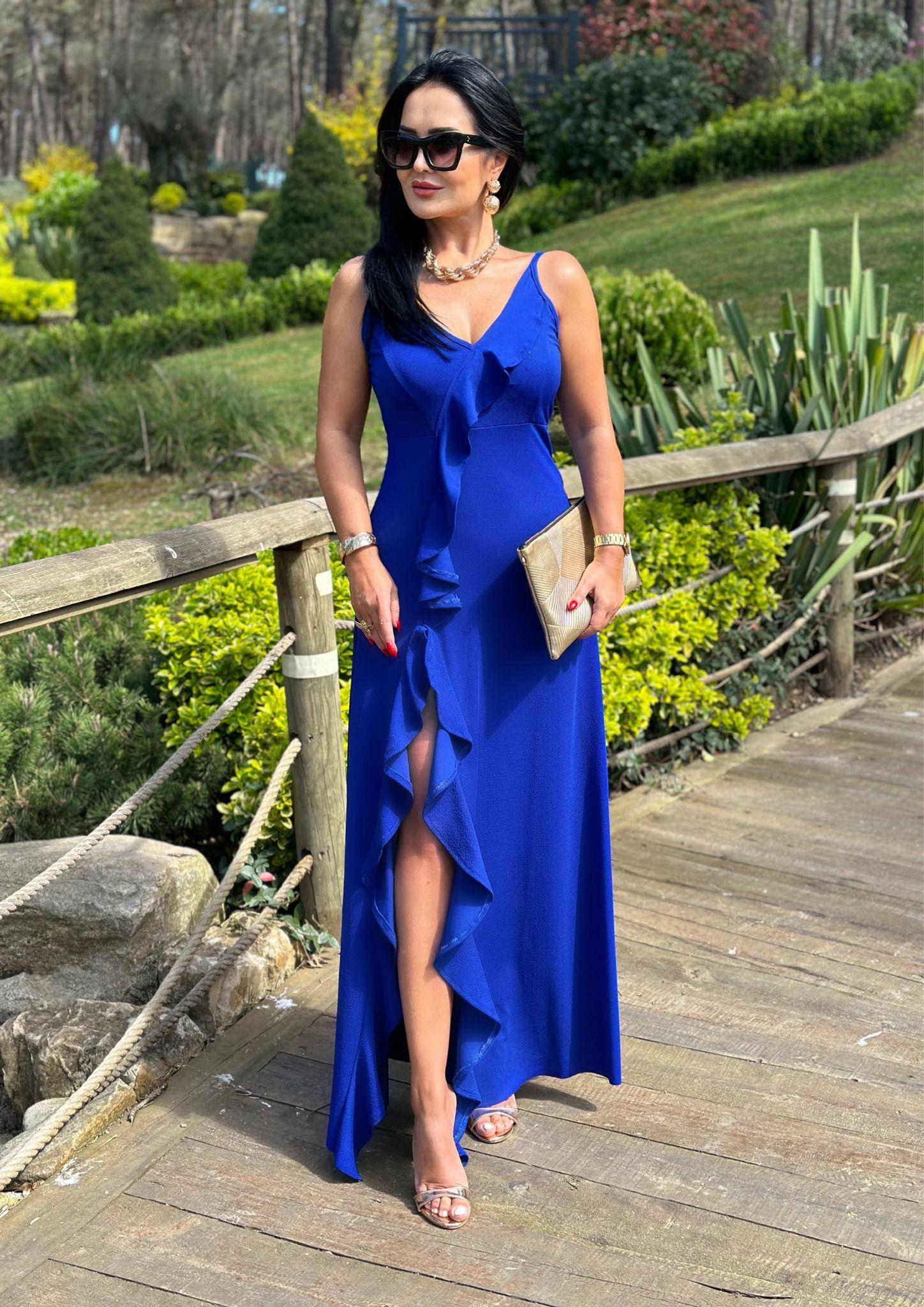 4460 Mavi uzun  yırtmaçlı elbise 