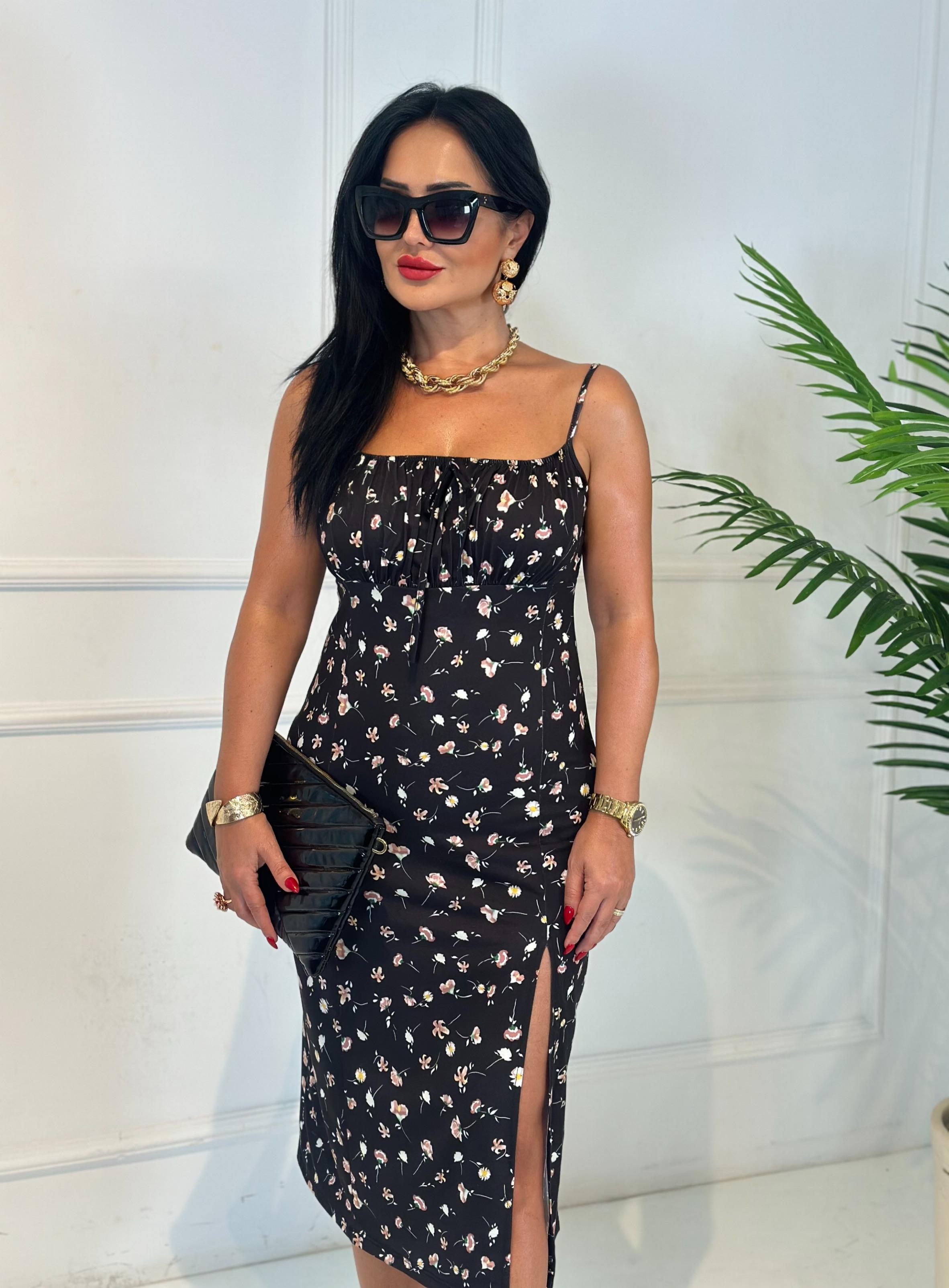 4483  Midi boy çiçekli yırtmaçlı elbise elbise4483