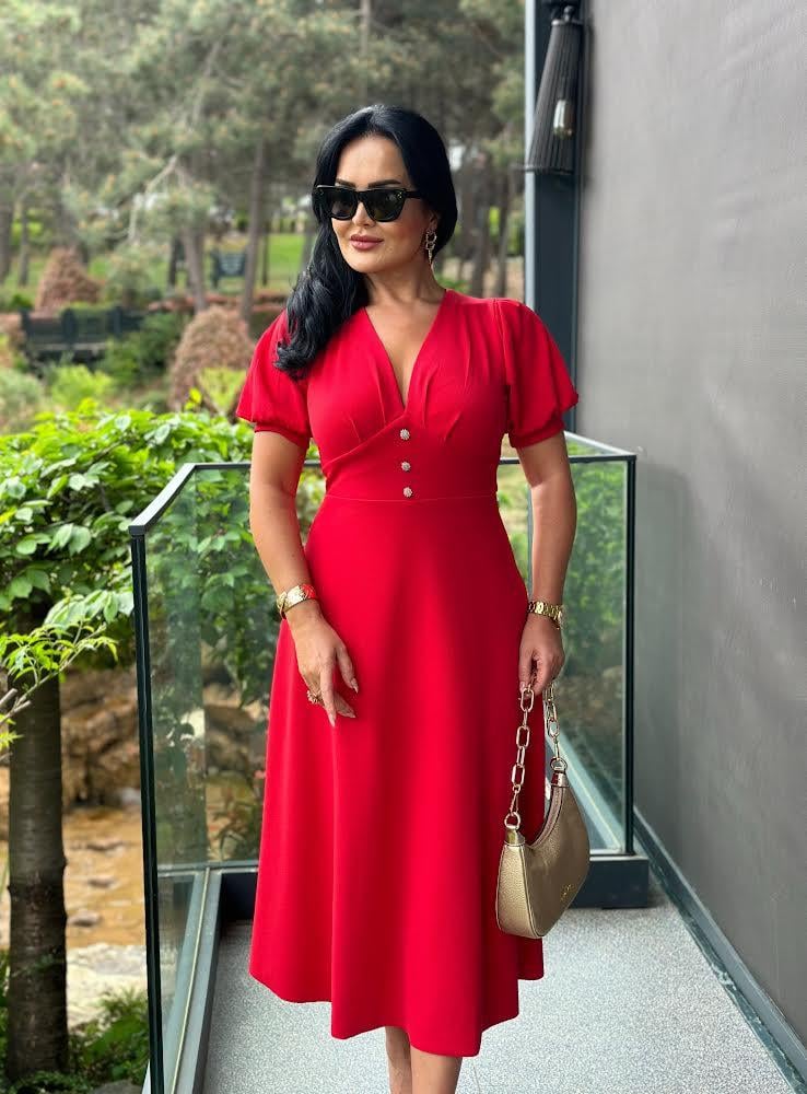 4495 Double   krep  kırmızı elbise 4495