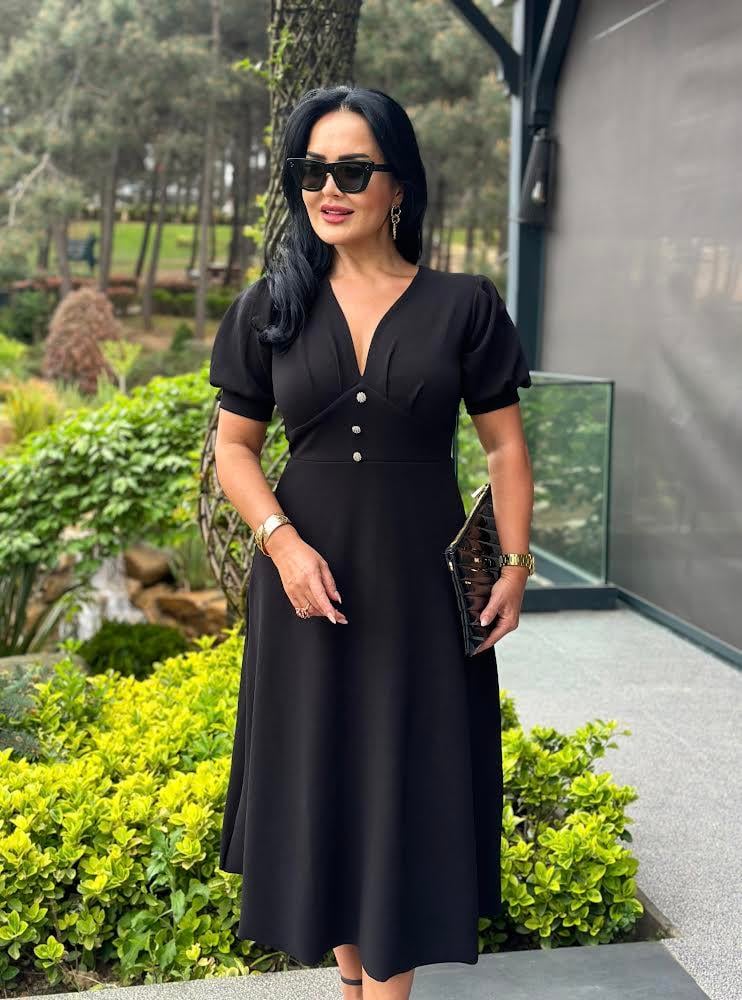 4495 Double   krep  siyah elbise 4495