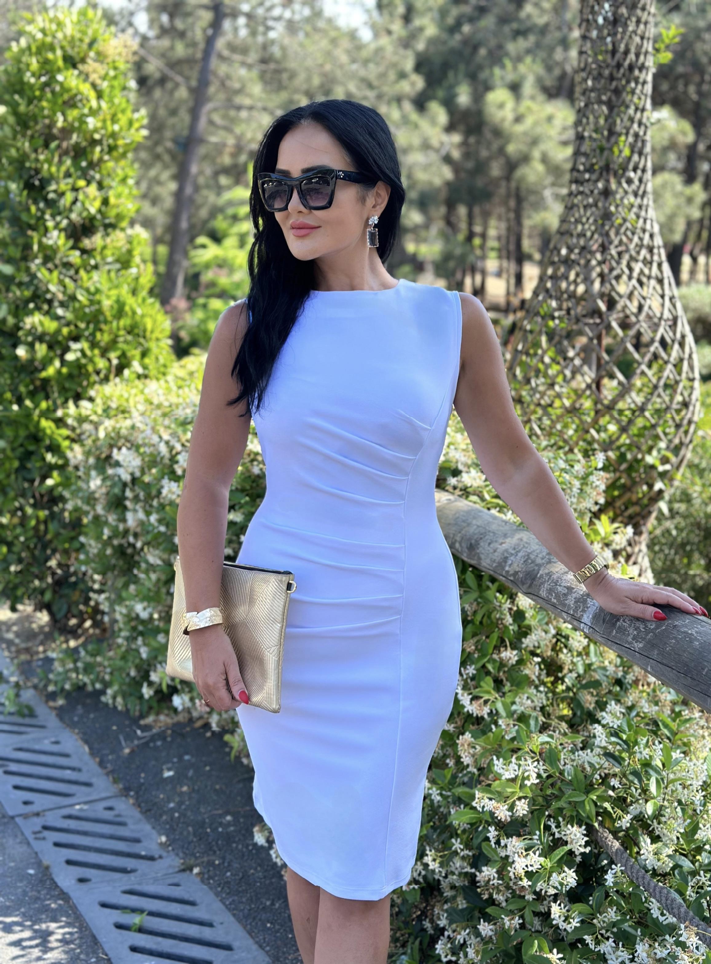 4769 Drapeli  Double Krep Midi Boy Beyaz Elbise