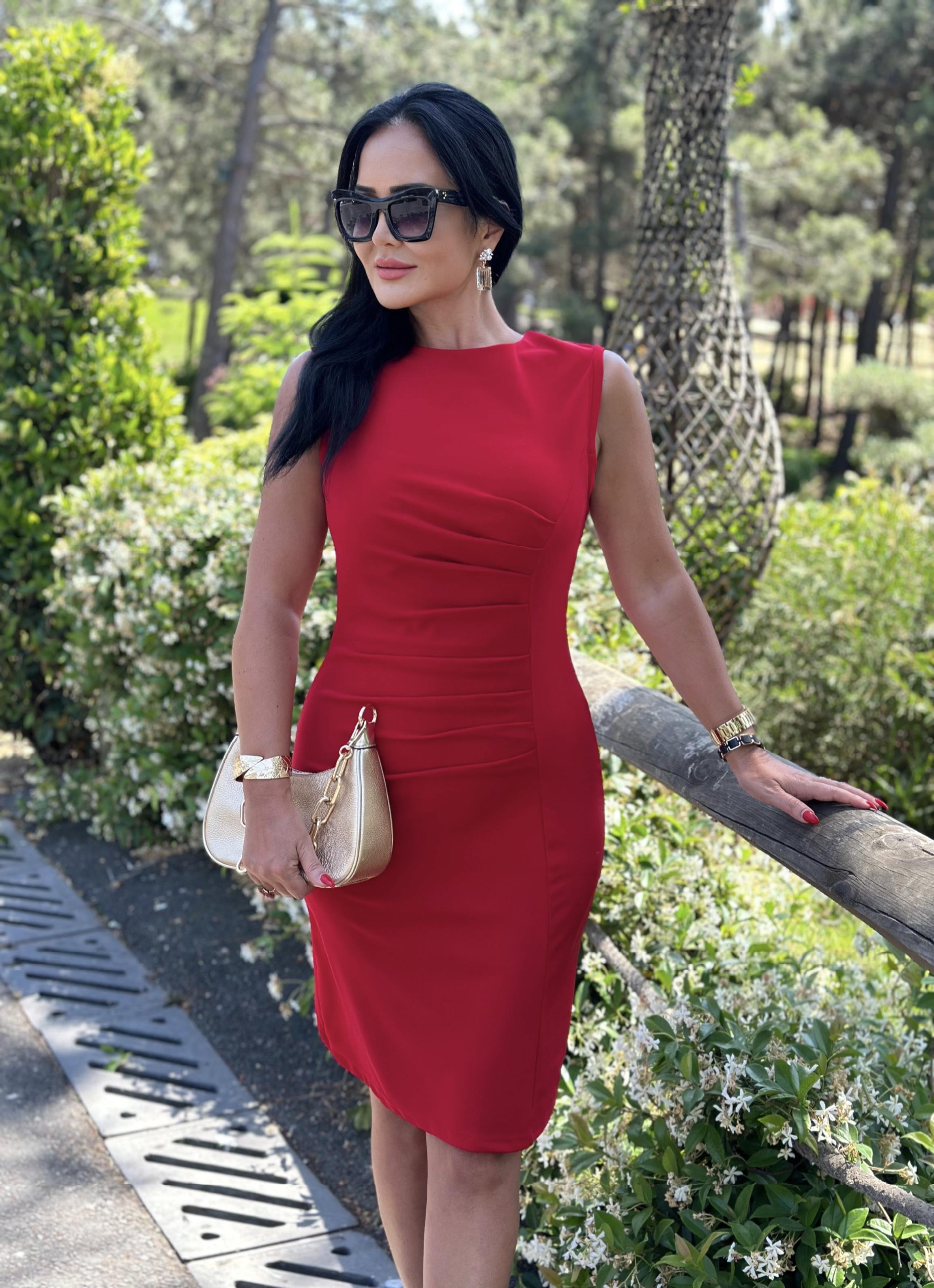 4514 Drapeli double krep midi boy kırmızı elbise4514