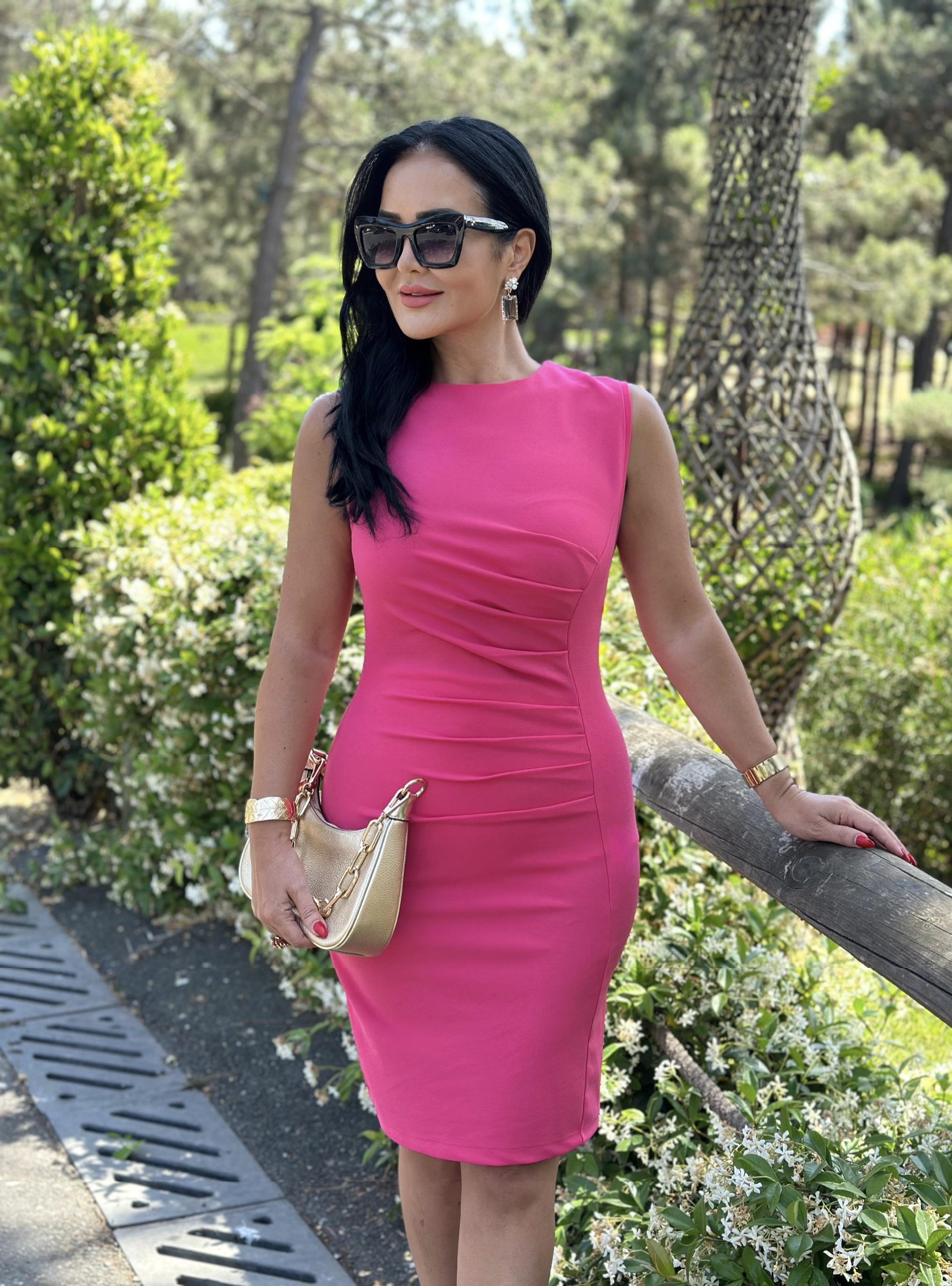 4514 Drapeli double krep midi boy pembe elbise4514