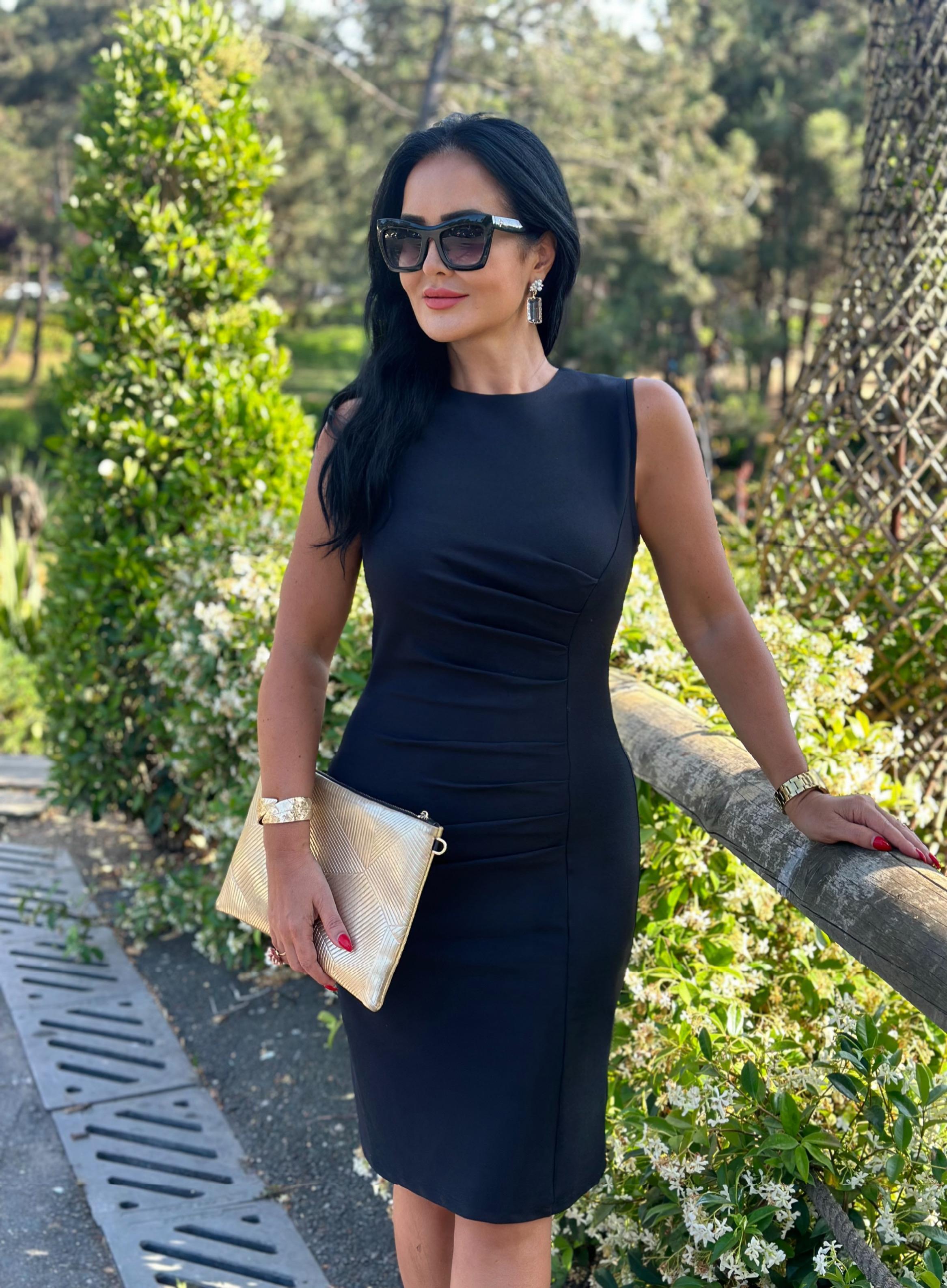 4769 Drapeli  Double  Krep Midi Boy Siyah Elbise 