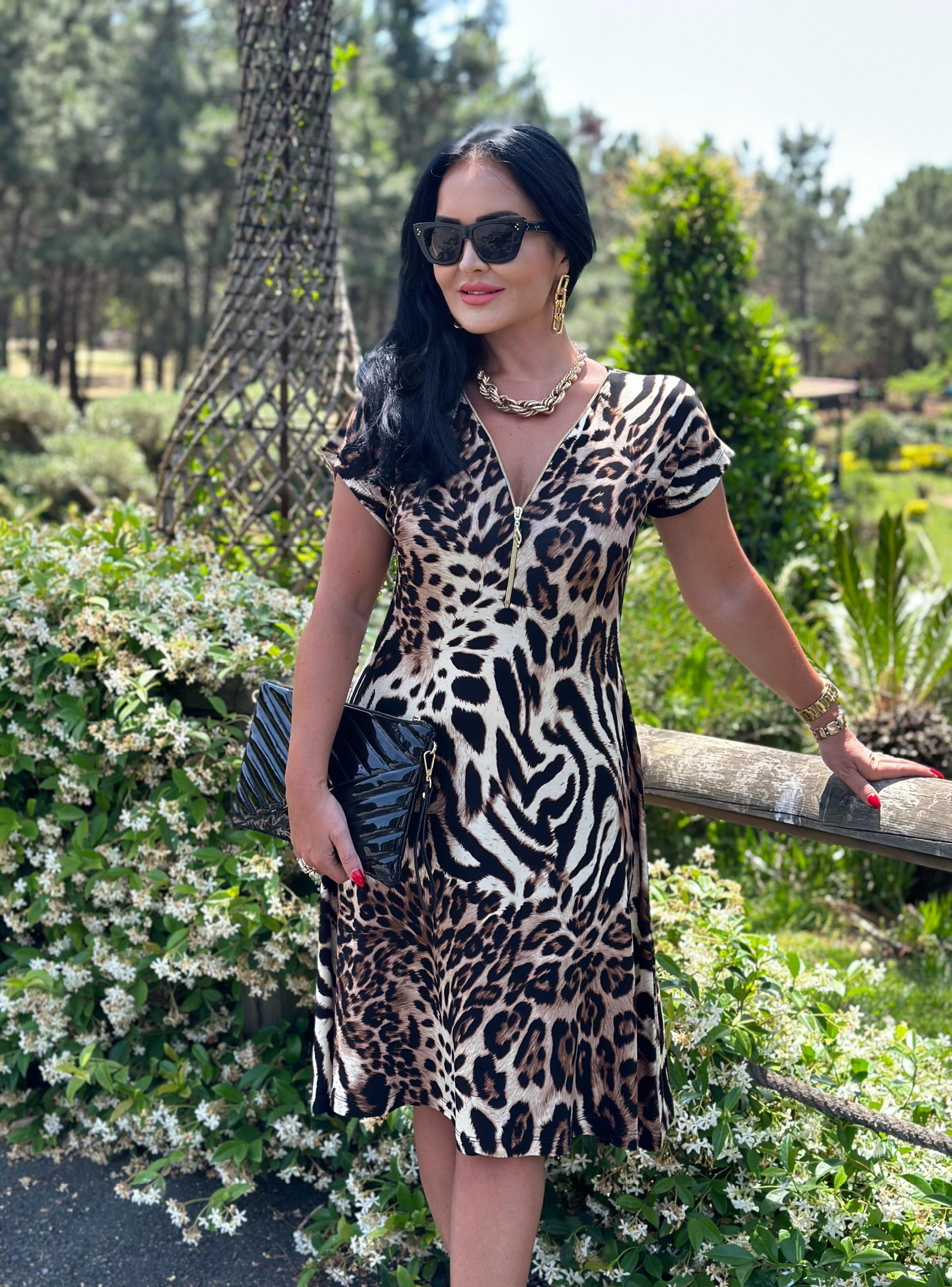 4519  Fermuarlı   Leopar  Elbise