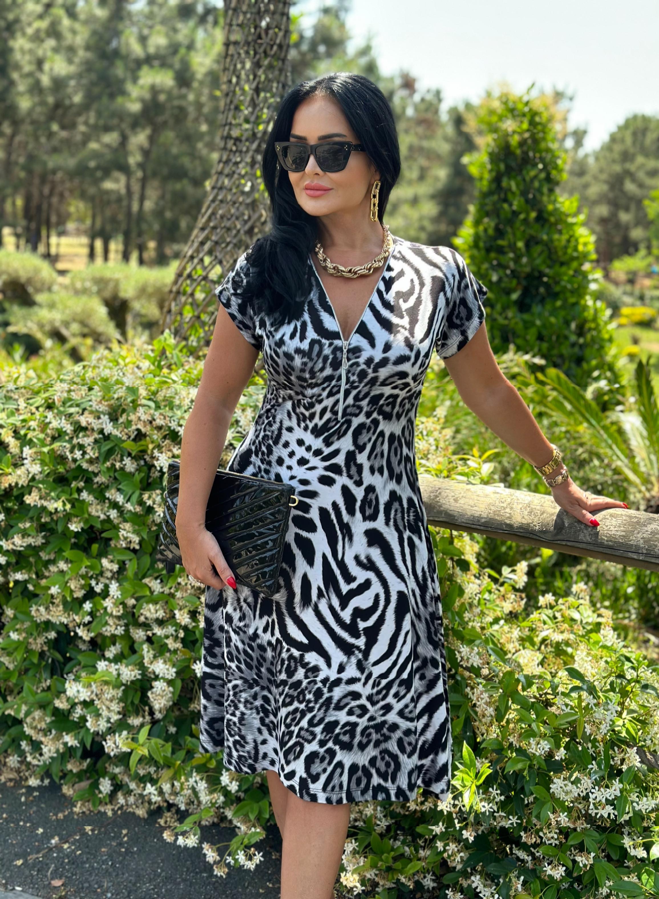 4519  Fermuarlı   Gri Leopar Elbise
