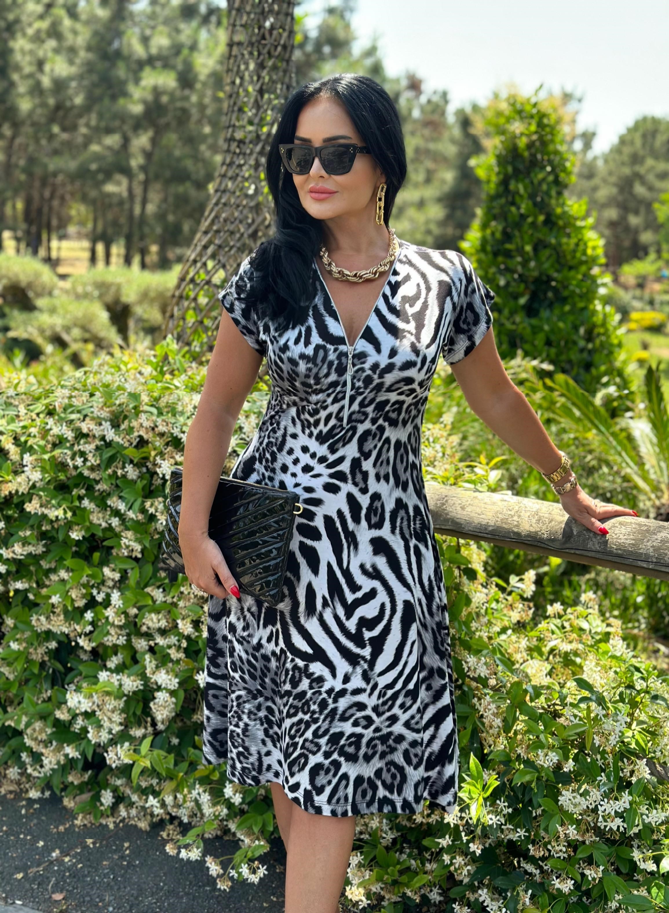 4519  Fermuarlı   Gri Leopar Elbise