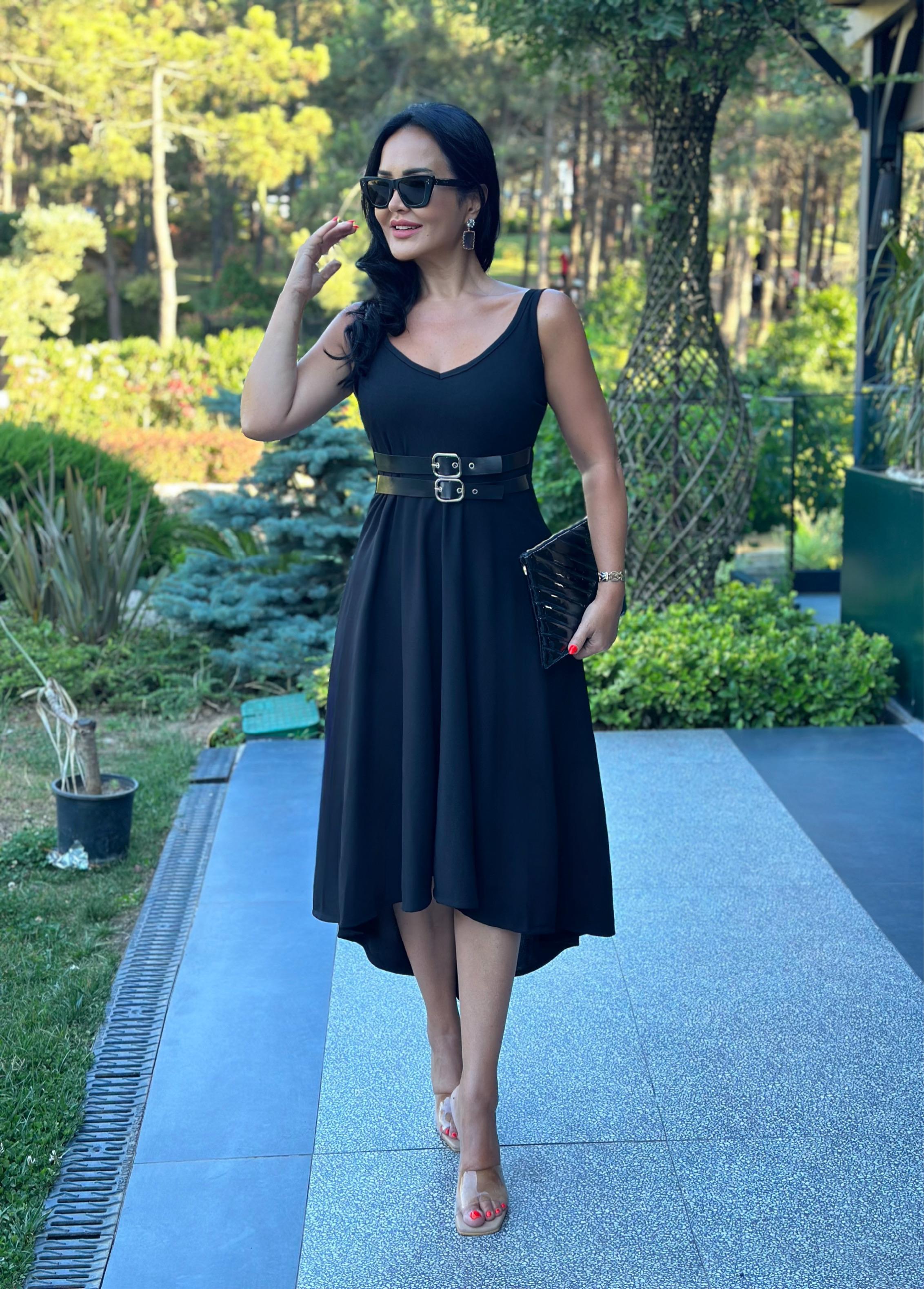 4529  Kemer detaylı siyah elbise 4529