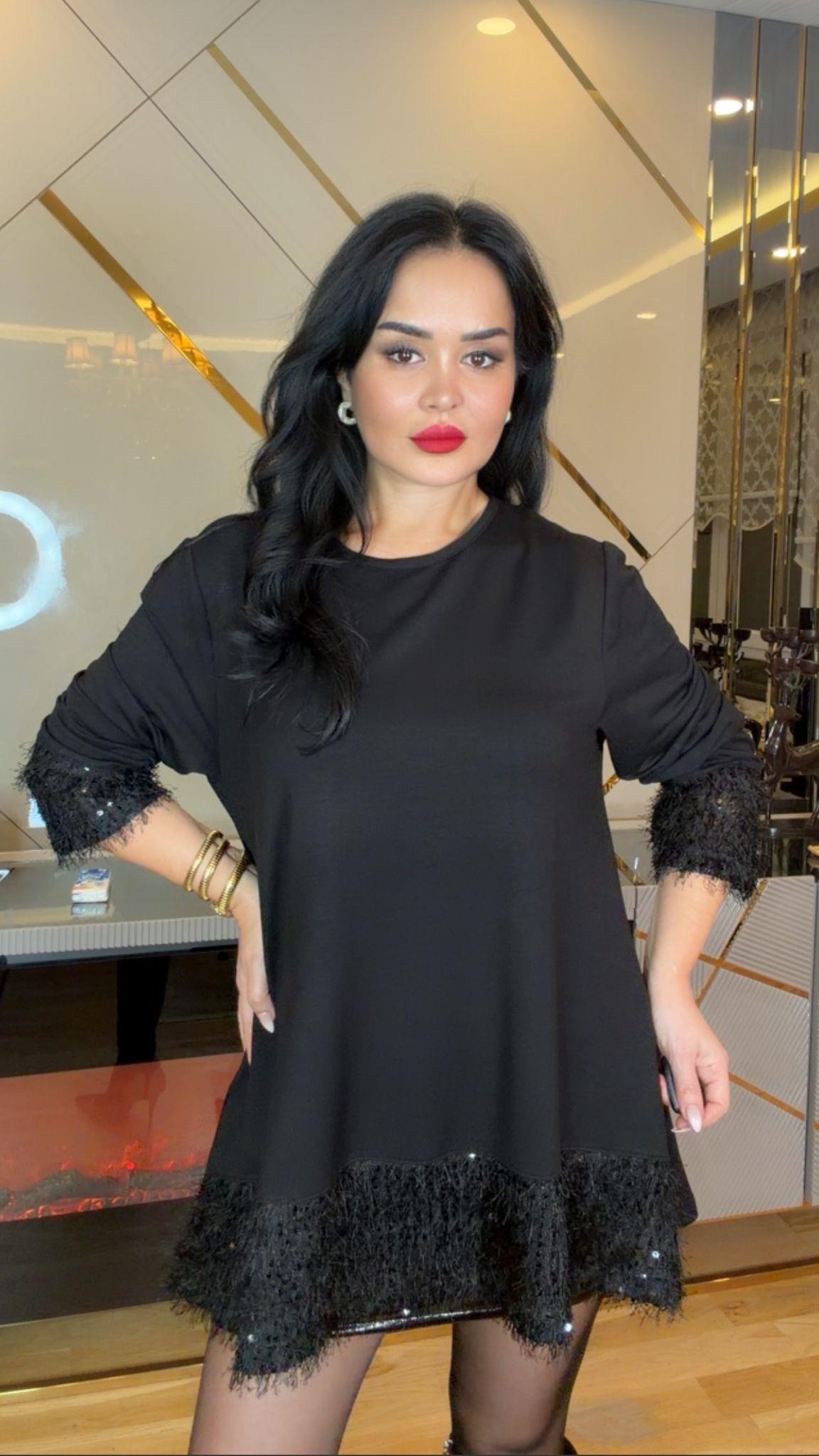 4637 Etek Ucu    Pullu Siyah Bluz4637