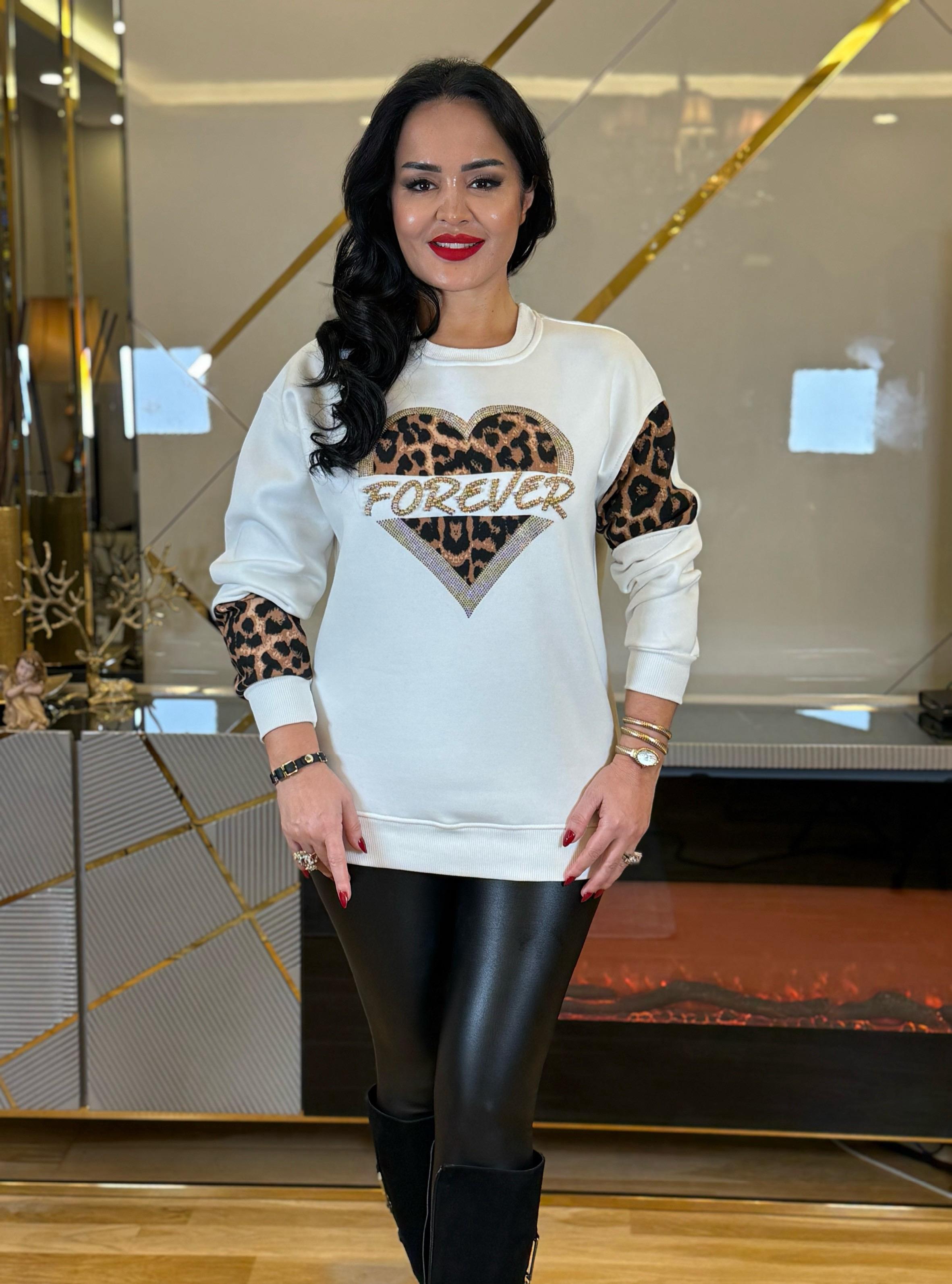 4673 Leopar  detaylı beyaz sweatshirt4673