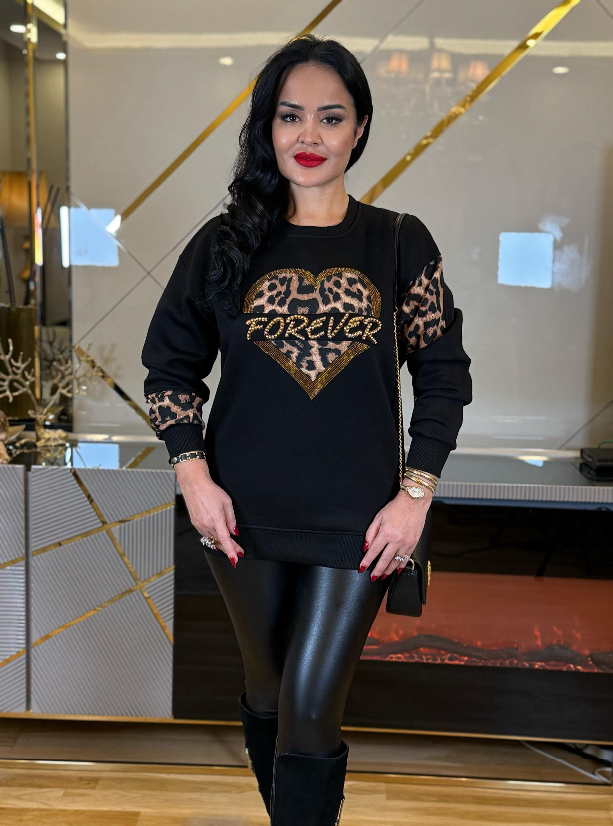 4673 Leopar detaylı  siyah sweatshirt4673