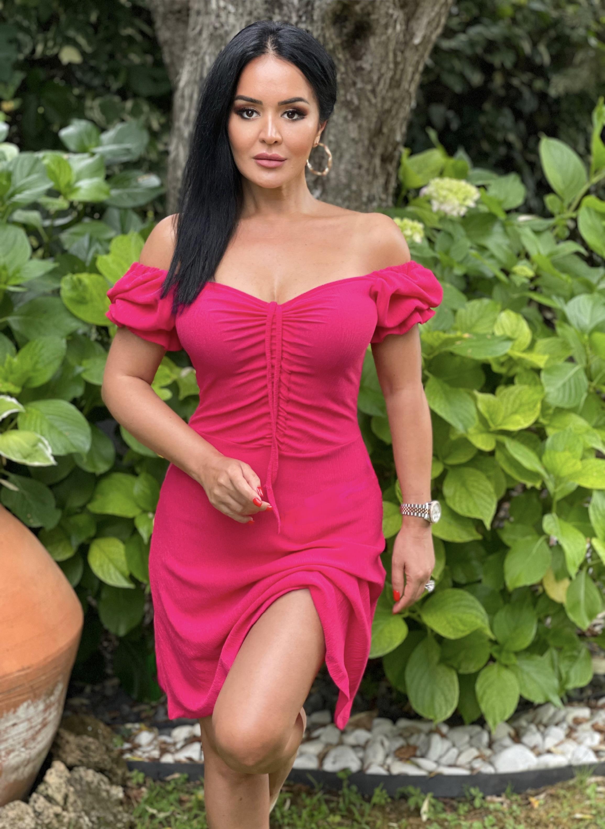 4796 Önü büzgülü  pembe mini  elbise4796 