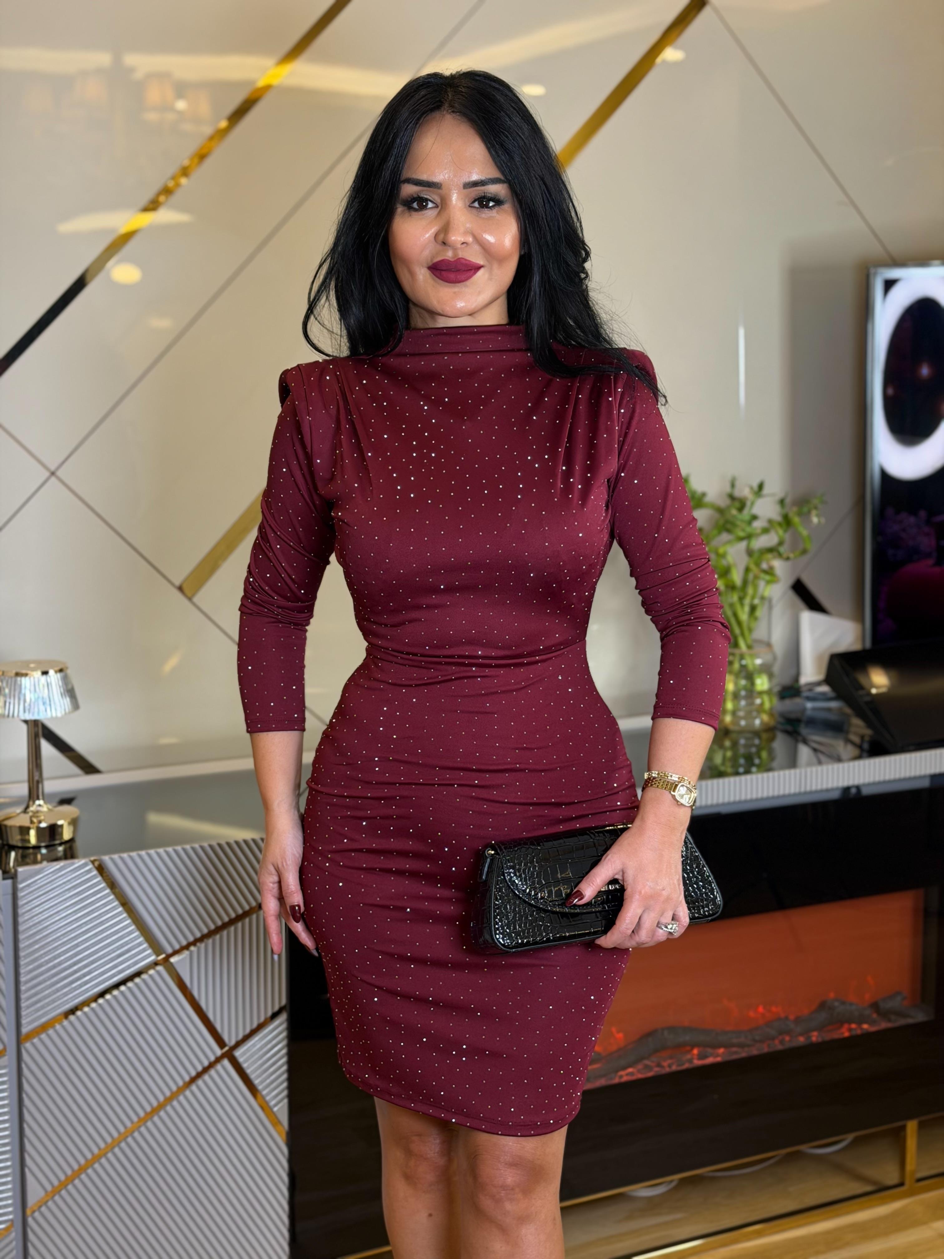 4904 Glow Taşlı Bordo  Elbise4904