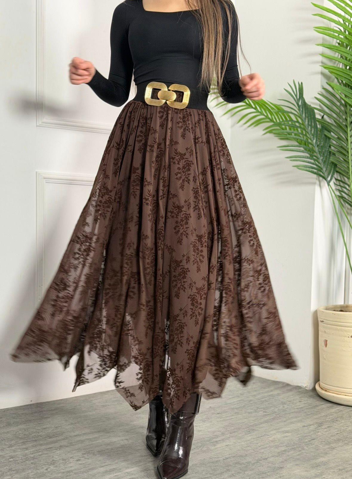 4922 Royal kahverengi flok tüllü etek4922