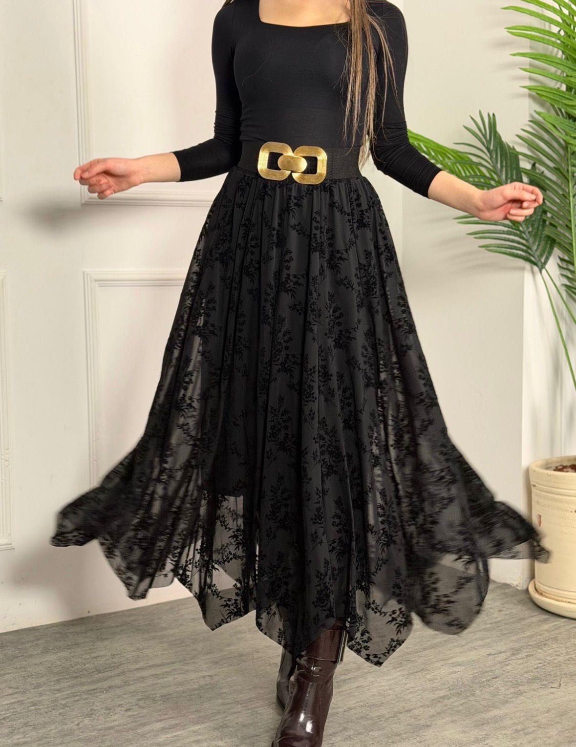 4922 Royal siyah flok tüllü etek4922