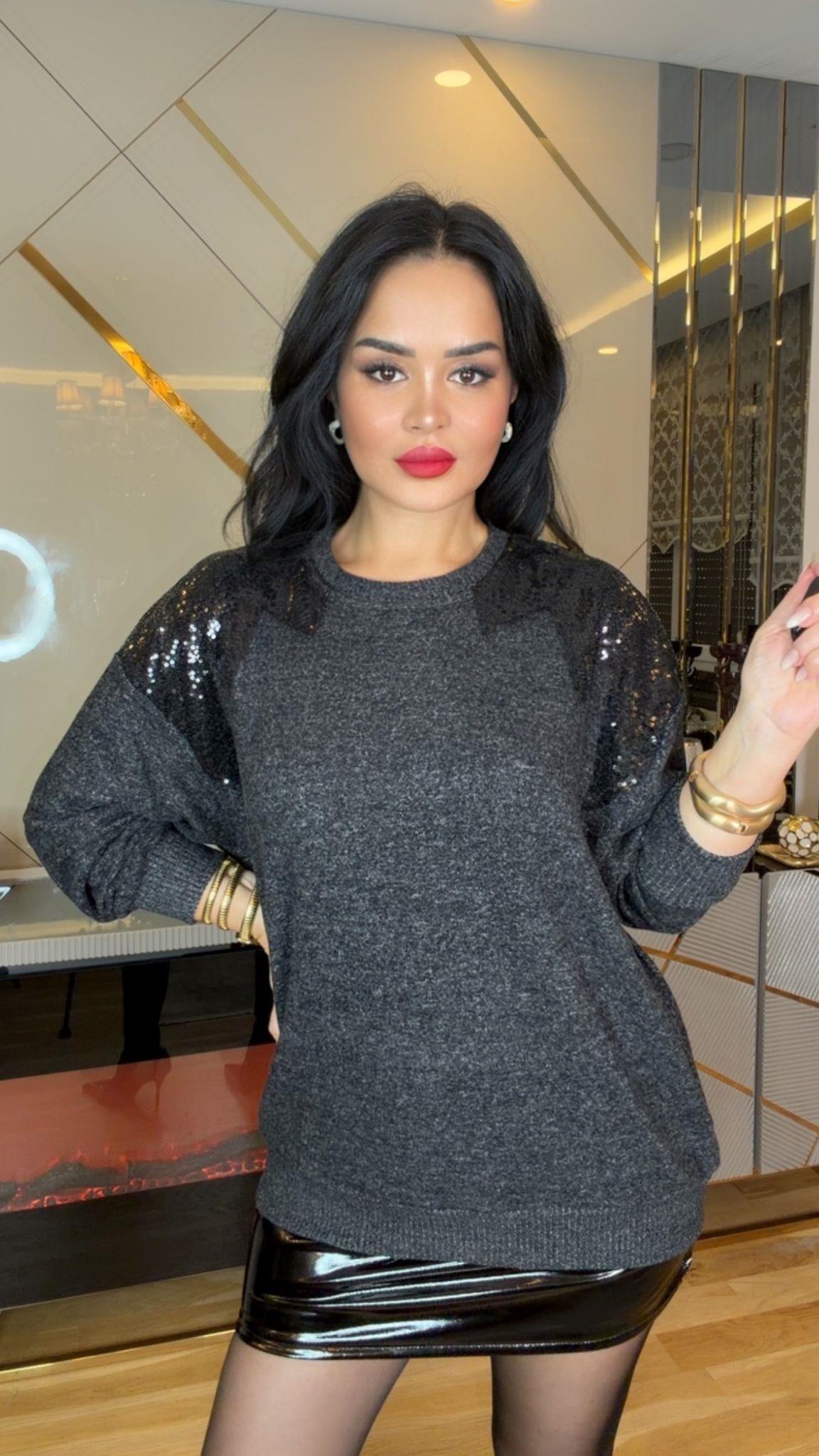 4934 Marel omuz payet garnili  yumoş sweatshirt4934