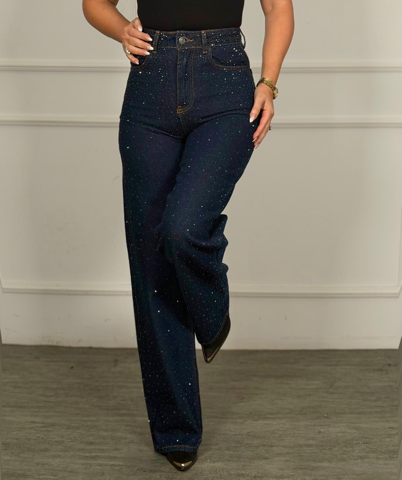 4952 Glamora taşlı lacivert pantolon4952