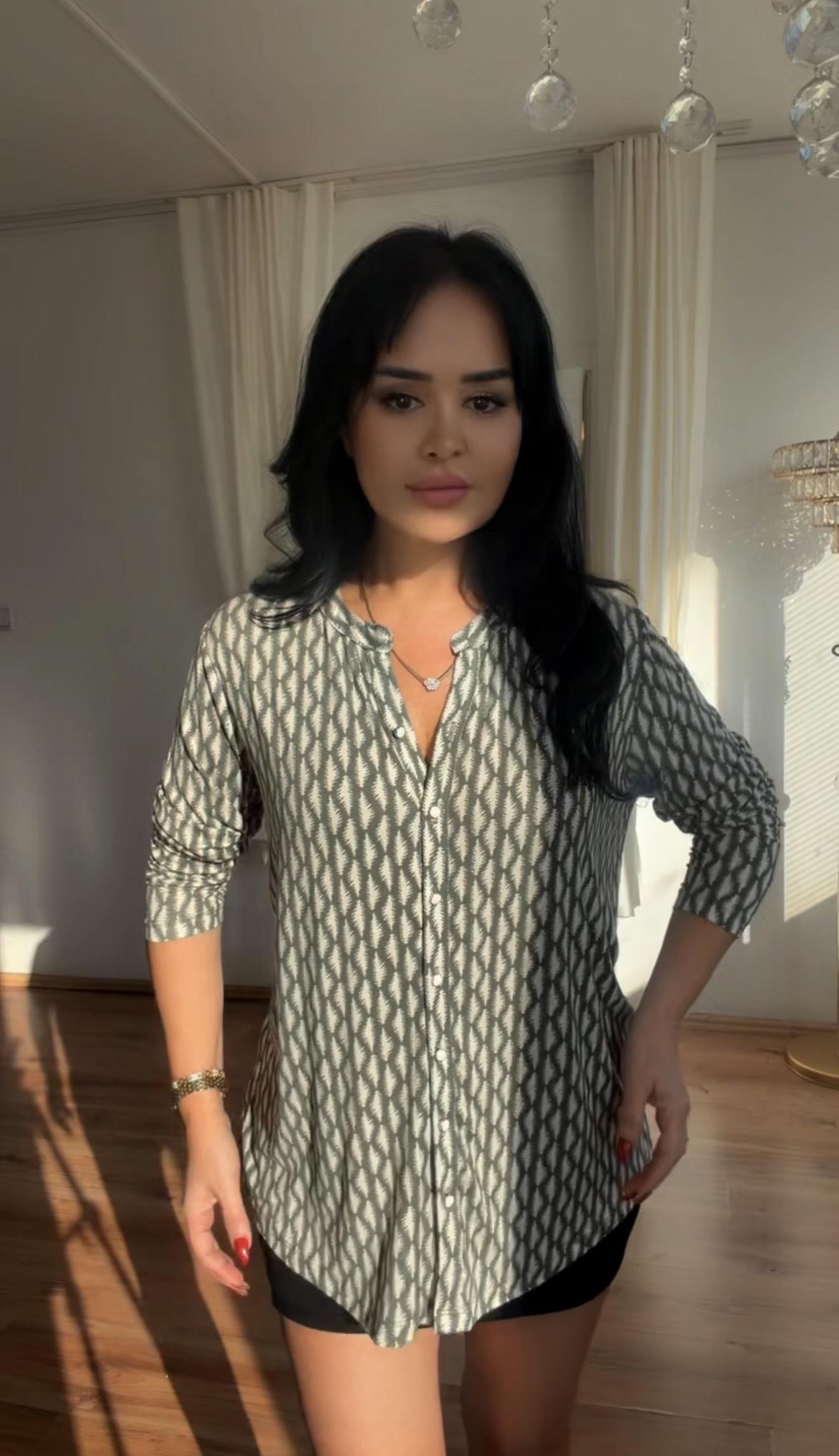 4973 Pamuklu   Viskon  Yeşil Desenli Gömlek4973